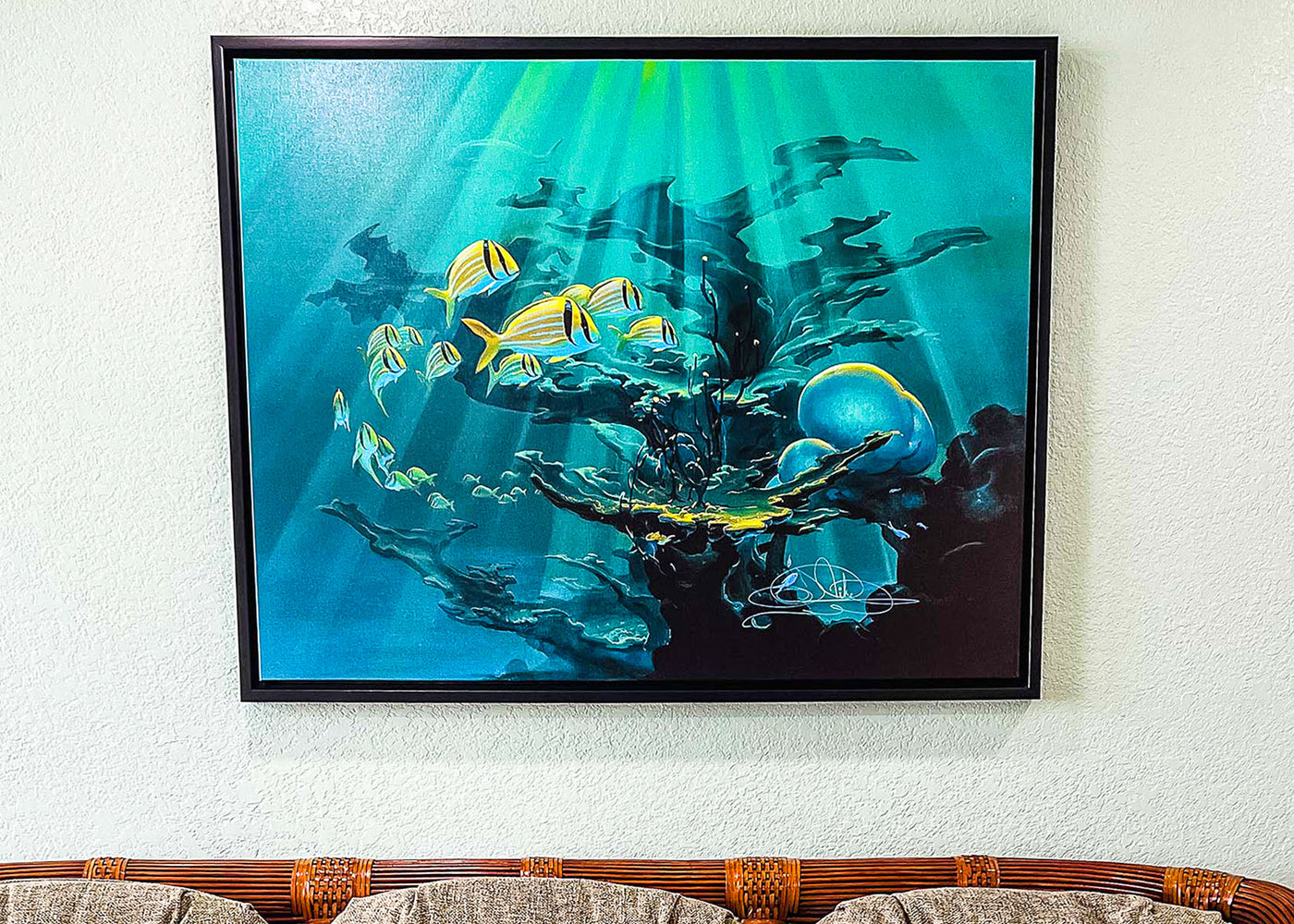 John Pitre's "Atlantic Reef" is an oil on canvas that depicts the life found in the shallow coral-laden waters that abound in the tropical seas of our world.
