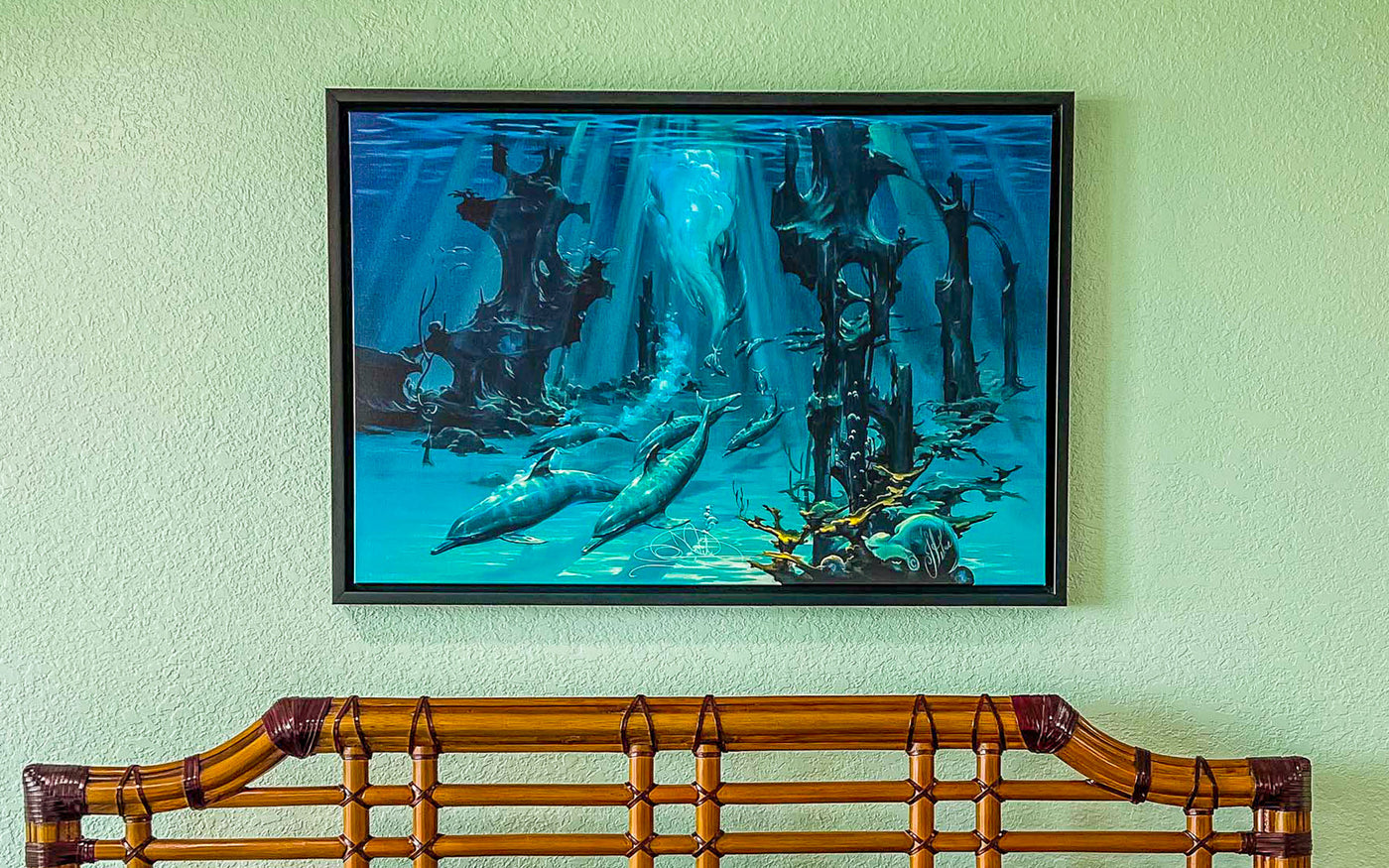 Atlantis Dolphins is an oil on canvas by John Pitre. It depicts a surreal adventure into the remnants of another place and time as seen through the mind and eyes of the dolphin.