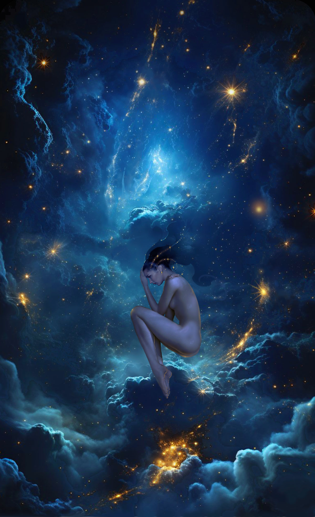 John Pitre A Piece of Star Dust Made Alive surreal cosmic artwork featuring a curled female figure floating in deep space nebula, symbolizing human origin from stardust, creation, consciousness, and celestial energy in visionary fine art