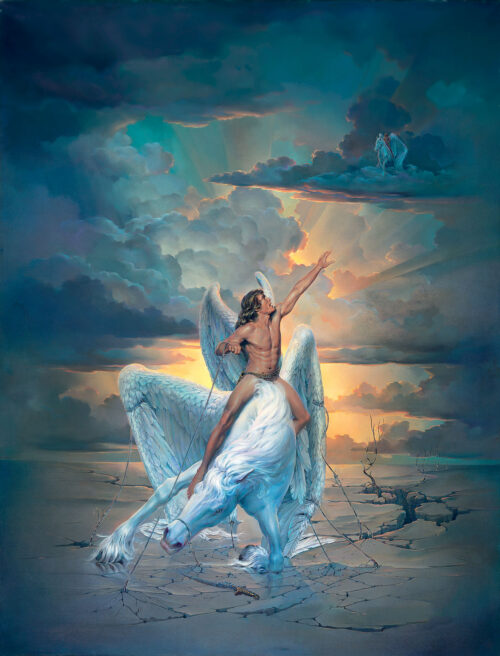 Abstract depiction of restriction with human form enclosed by layered symbolic barriers in John Pitre Restrictions artwork, surreal fine art representing constraint and limitation