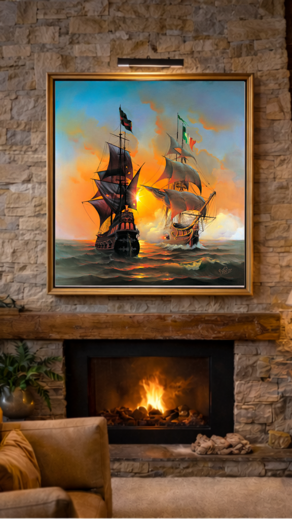 John Pitre The Stolen Armada framed artwork displayed above fireplace in luxury living room with stone wall and warm lighting, featuring two historic sailing ships at sunset beneath Irish and Italian flags, symbolizing maritime power, heritage, and rivalry
