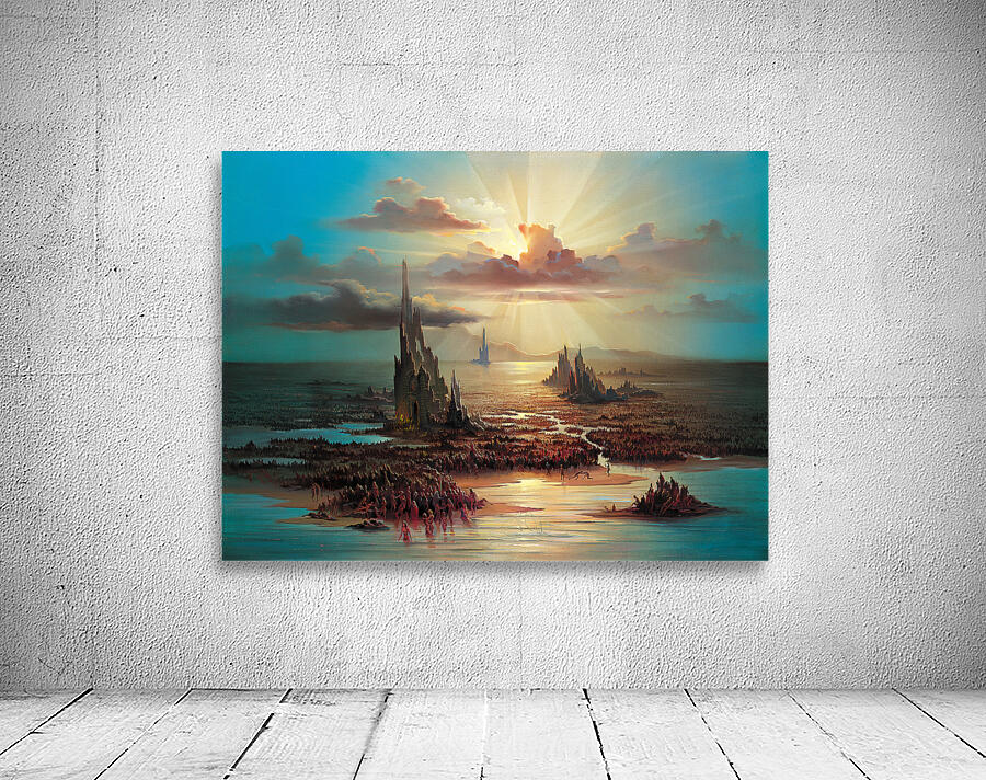 Overpopulation painting by John Pitre showing dense human movement and towering surreal cities under radiant sky