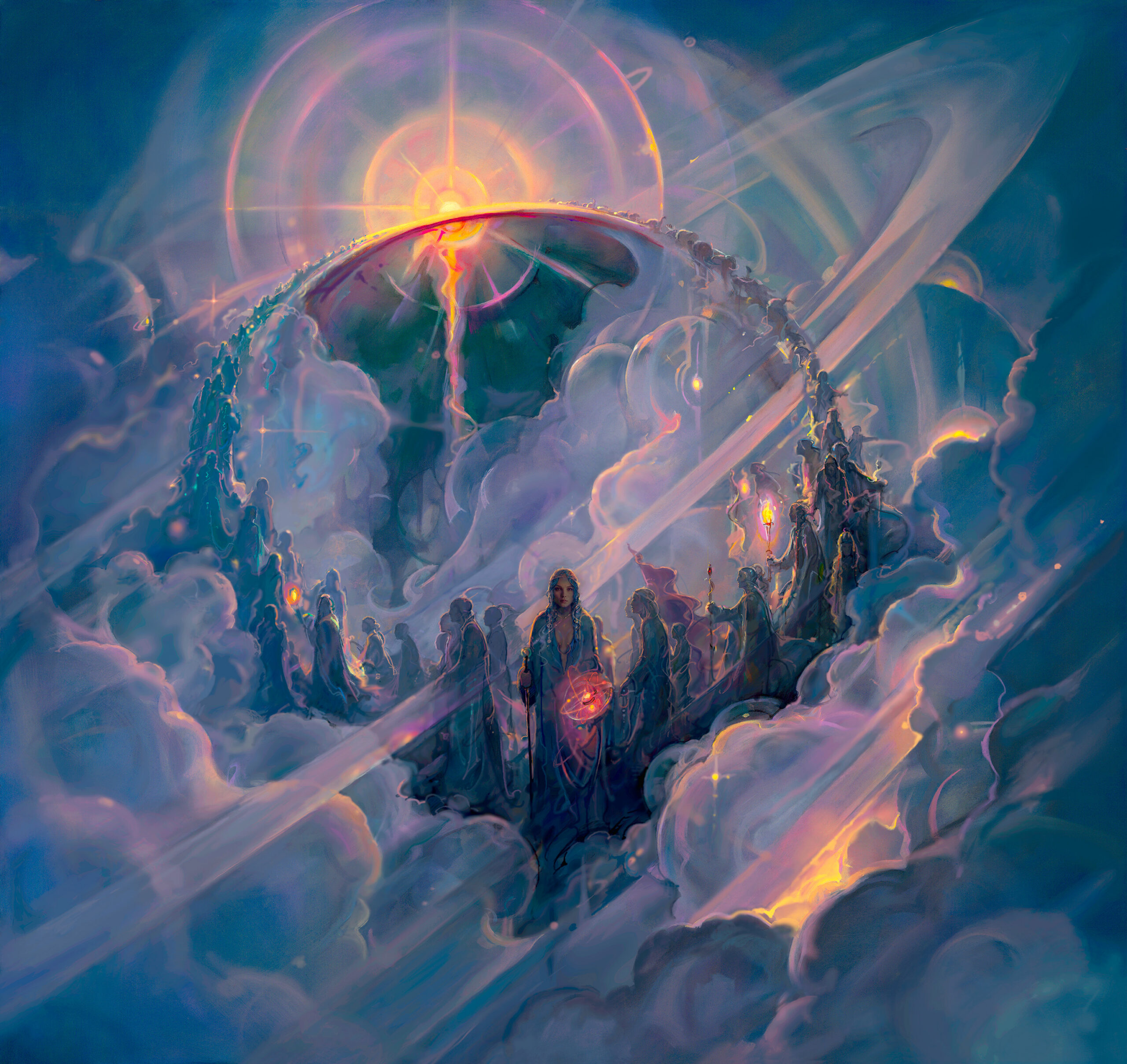 John Pitre Ascension surreal cosmic fine art painting featuring a central radiant figure surrounded by celestial beings rising through luminous clouds and planetary rings, symbolizing spiritual awakening, higher consciousness, and transcendence in visionary artwork