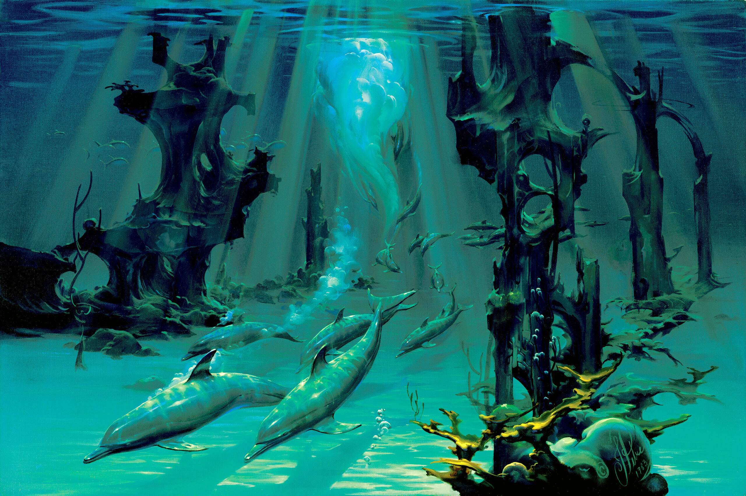 Atlantis Dolphins by John Pitre featuring dolphins swimming through a luminous ocean near a mythical underwater city with glowing architecture and surreal light