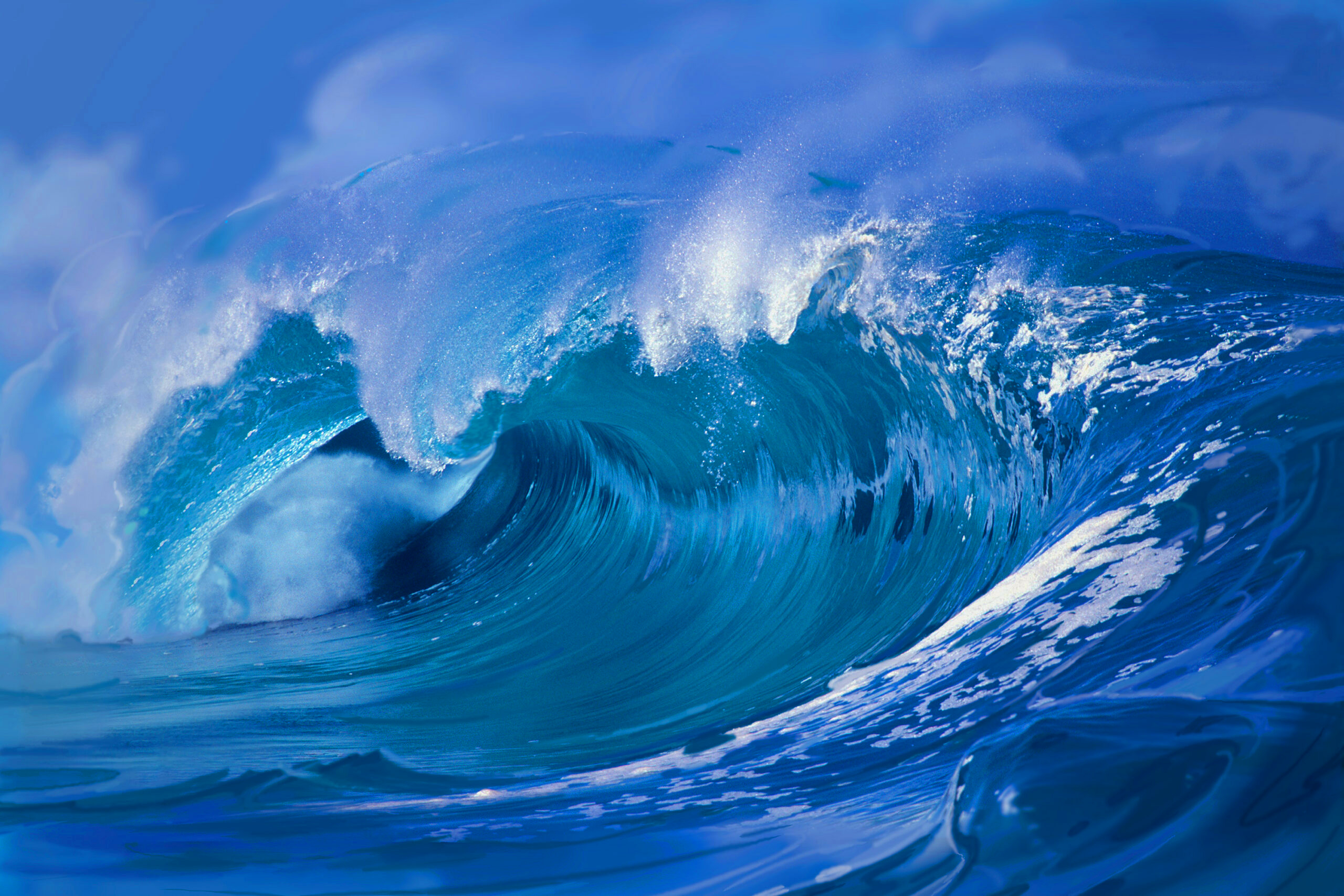 Big Waimea Shore Break by John Pitre powerful ocean wave crashing at Waimea Bay North Shore Oahu Hawaii, blue water and white spray surf art