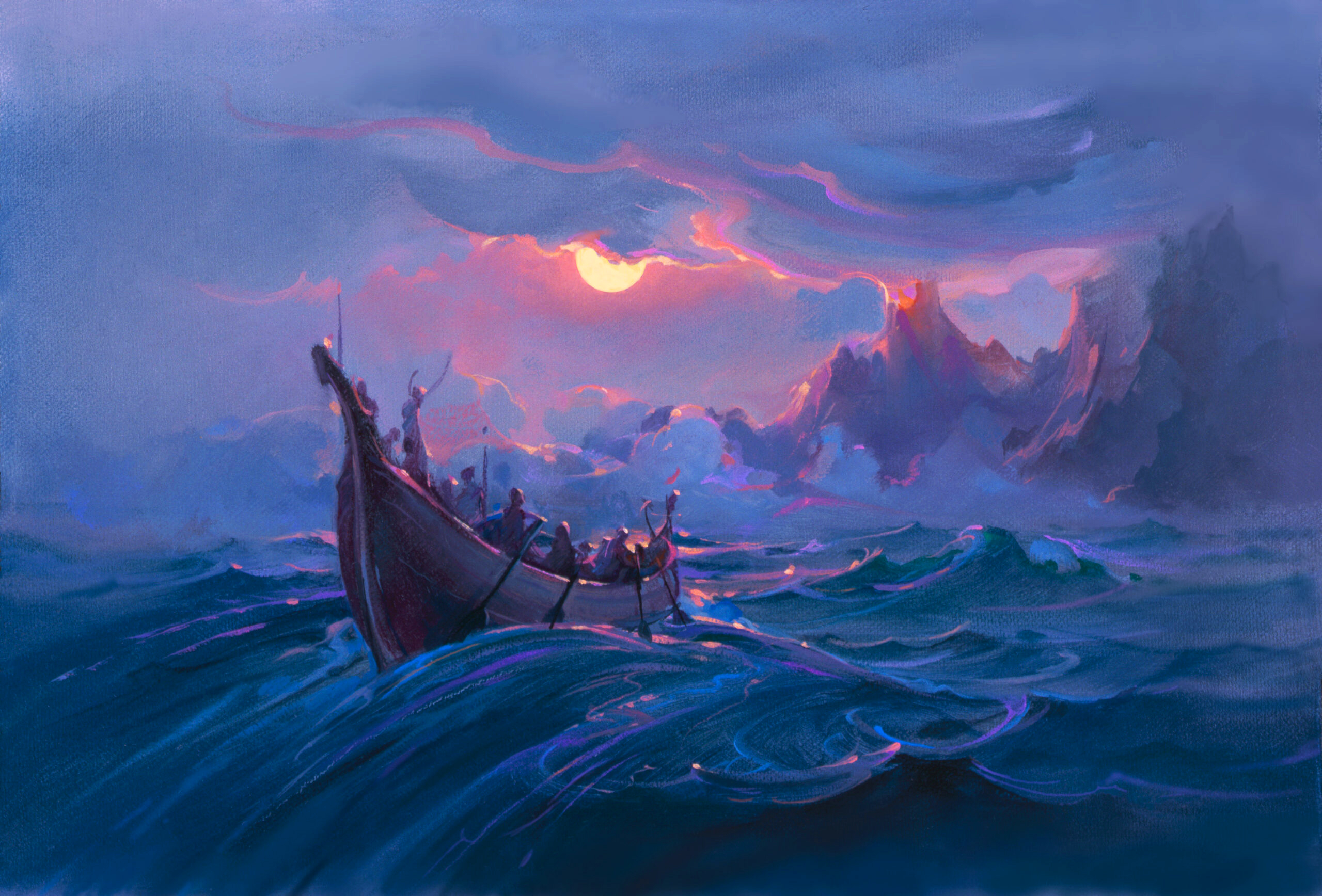 John Pitre Discovering Paradise artwork featuring explorers navigating ocean waves toward distant tropical islands, dramatic seascape with sailing vessel, glowing sunset sky, and adventurous maritime scene
