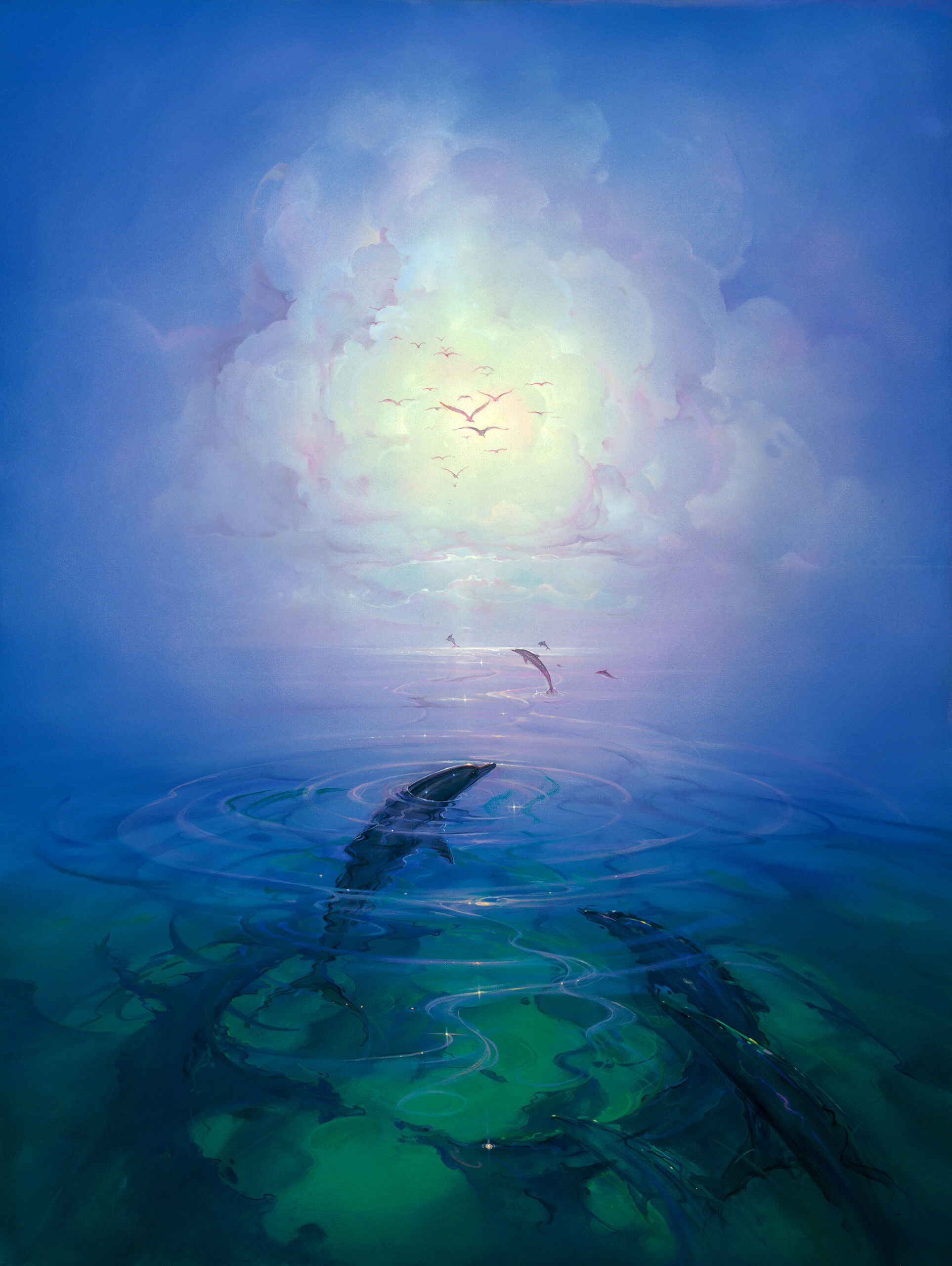 John Pitre Dolphin Serenity artwork featuring dolphins gliding through clear ocean water, serene marine life scene with soft light, birds above, and tranquil seascape atmosphere