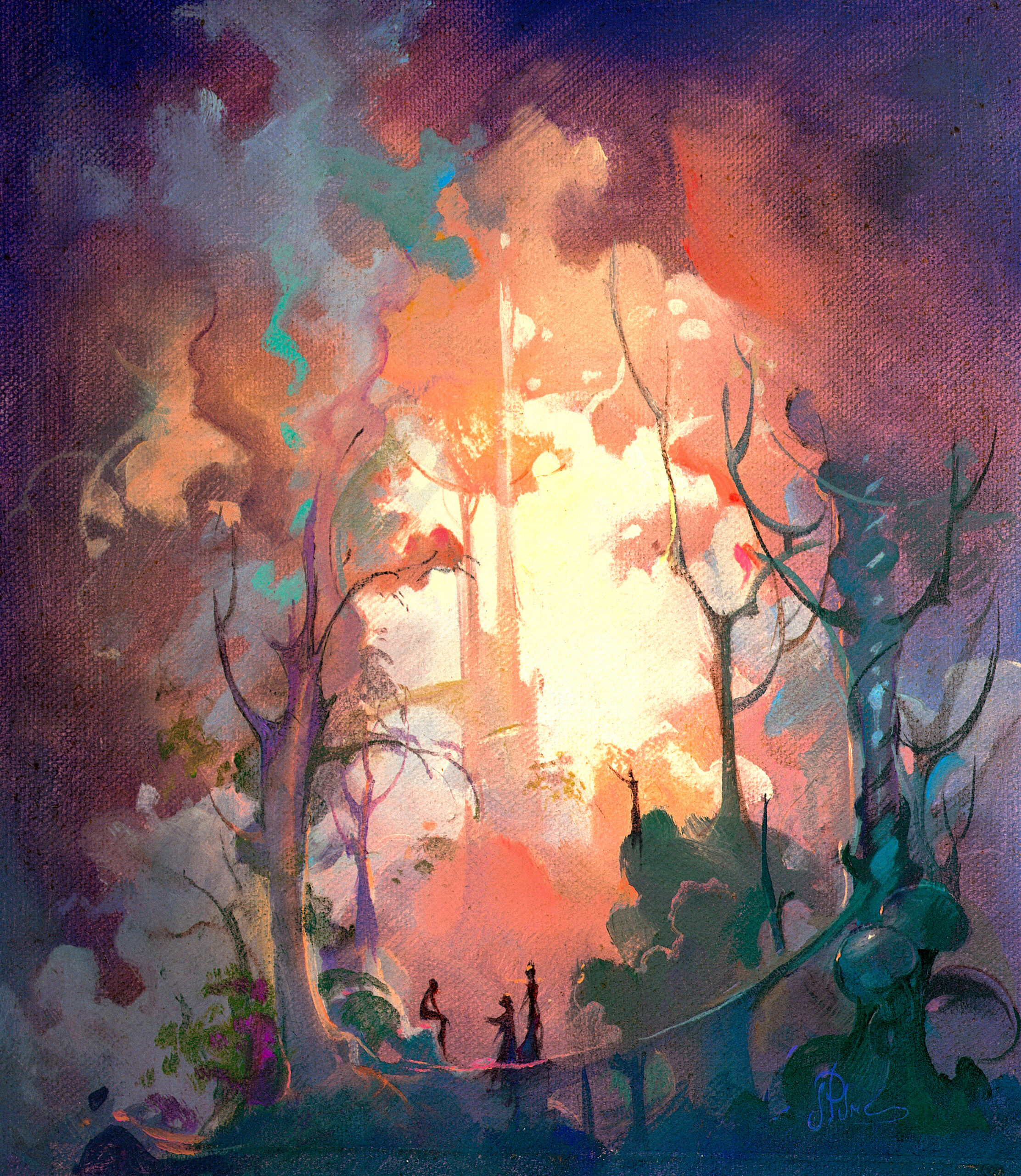 John Pitre Fantasy Forest painting featuring glowing enchanted woodland with towering trees, radiant light burst, and silhouetted figures, surreal fantasy nature artwork with vibrant ethereal colors