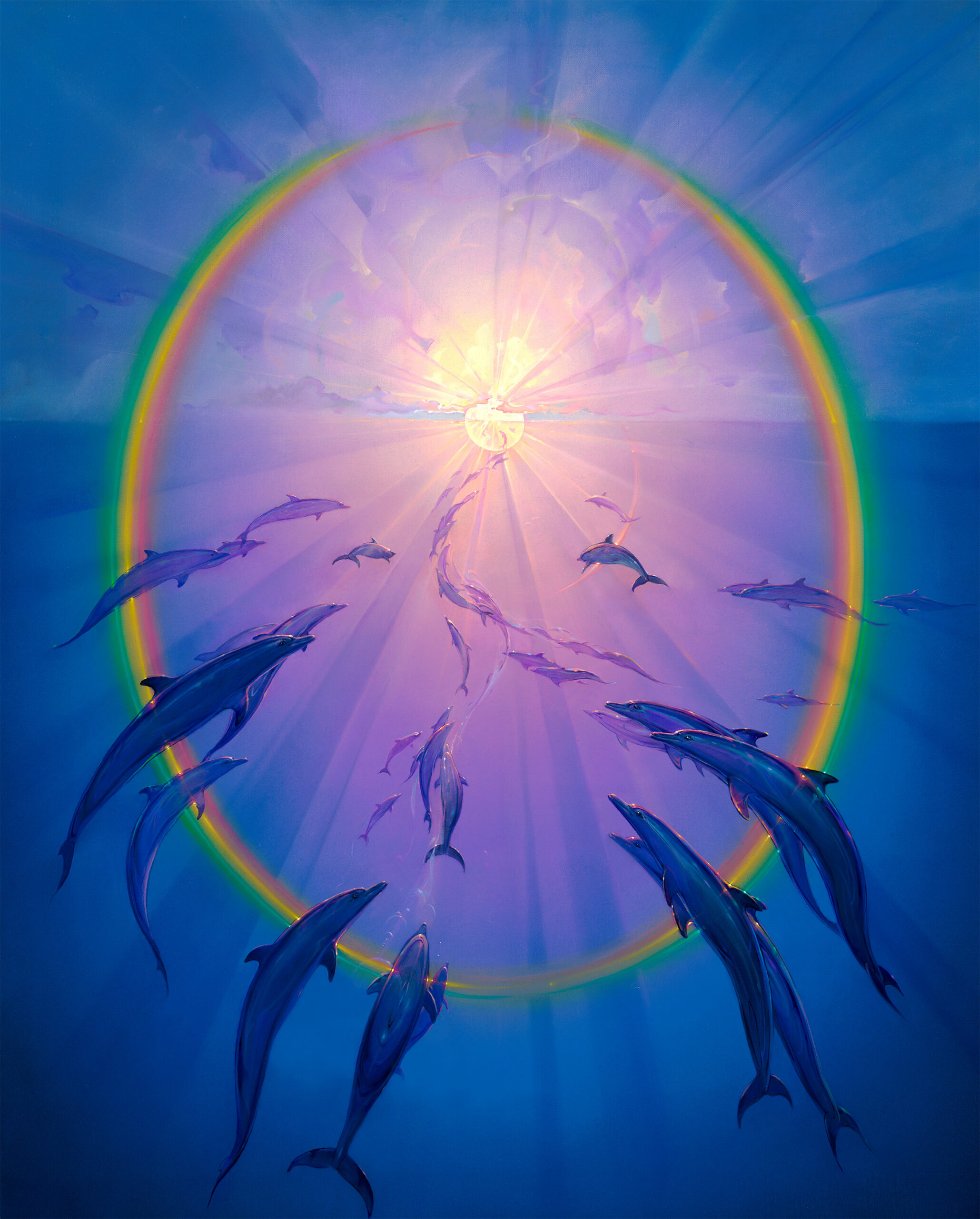 John Pitre Into the Light painting featuring dolphins ascending through blue ocean toward radiant sun with rainbow halo, surreal marine artwork symbolizing spiritual awakening, harmony, and universal connection