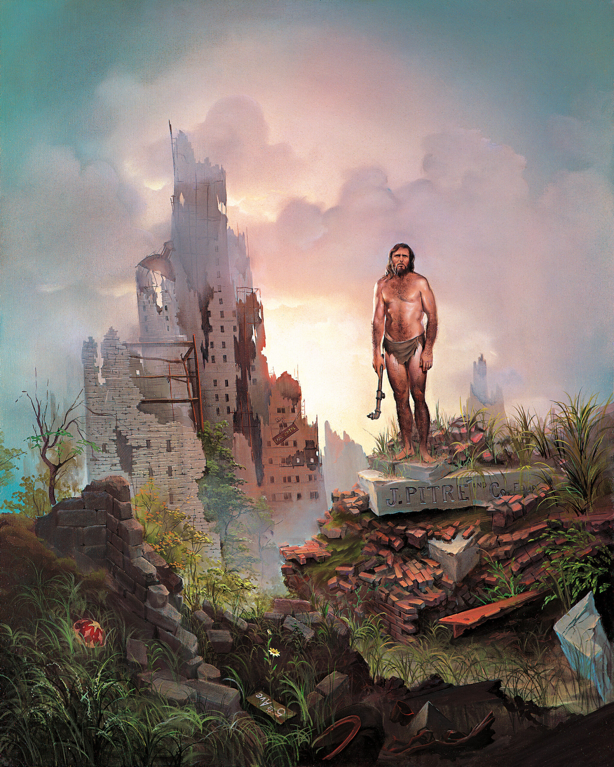 John Pitre A New Dawn surreal artwork featuring primitive man standing on ruins with tool overlooking destroyed cityscape, symbolizing rebirth, human evolution, and post-apocalyptic renewal