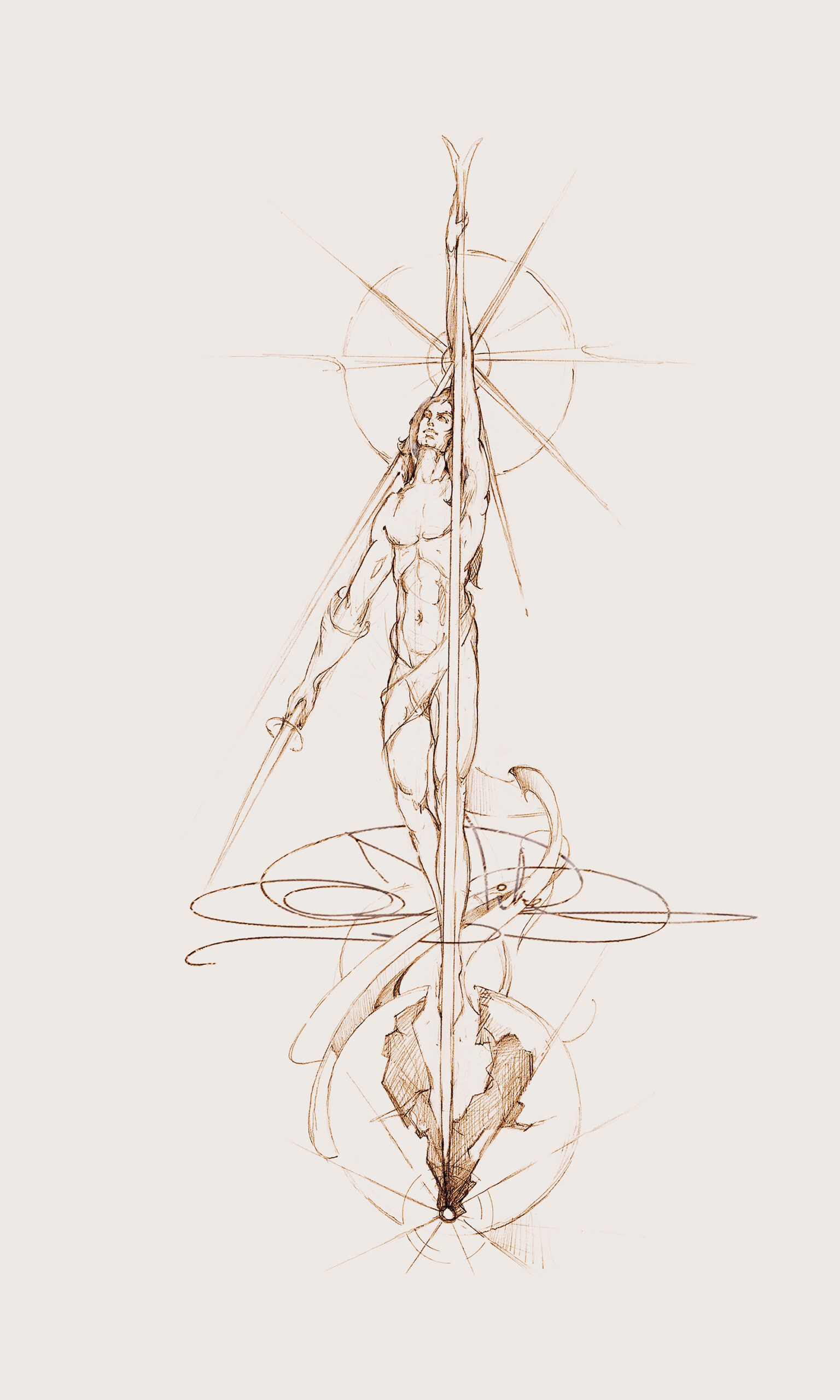 John Pitre Achievement original sketch featuring a symbolic human figure rising with sword and radiant halo, representing ambition, victory, balance, and personal transcendence in visionary surreal fine art drawing