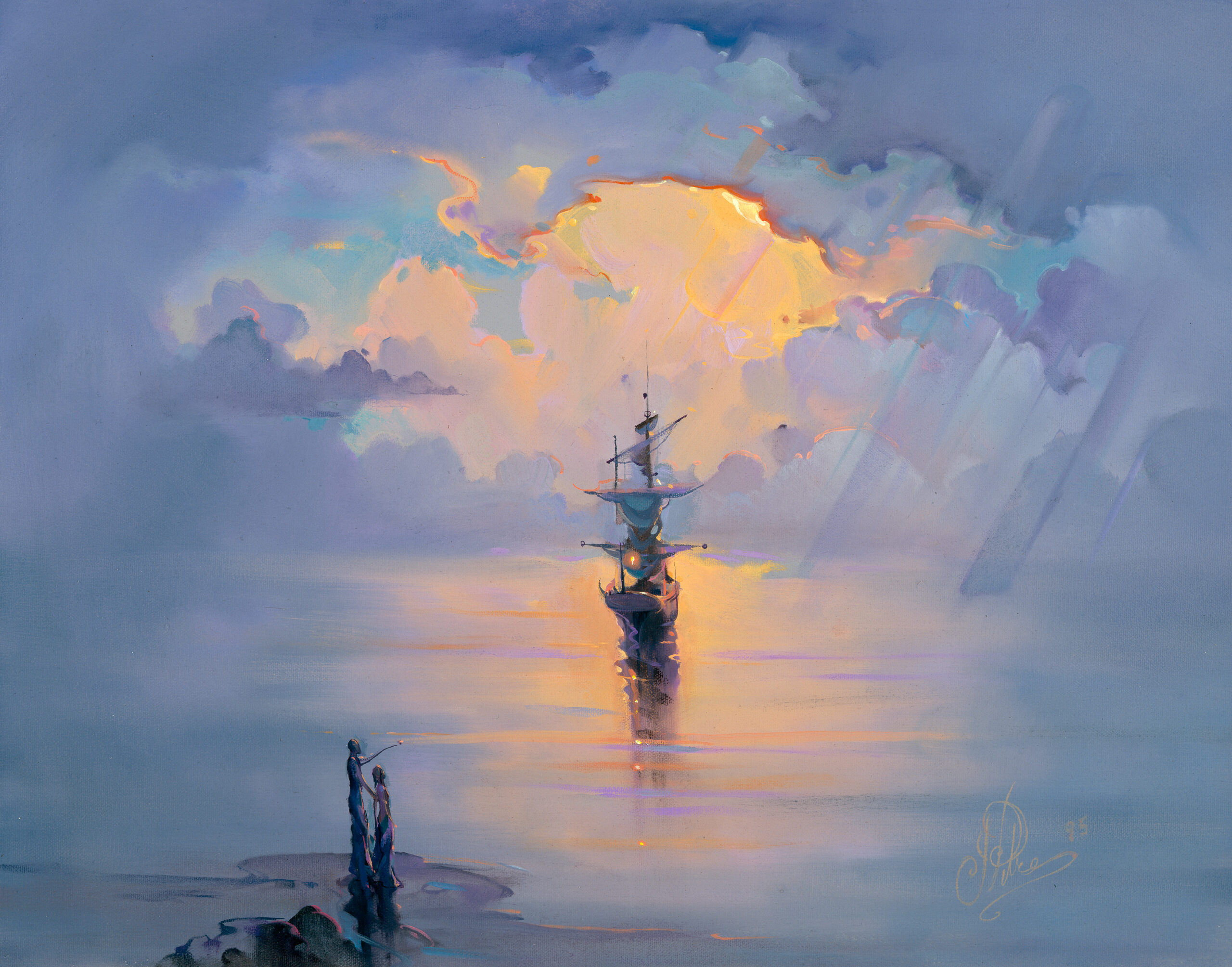 John Pitre After the Storm surreal seascape painting featuring a lone ship emerging through calm waters at sunrise with dramatic clouds and light rays, symbolizing resilience, hope, and renewal in visionary fine art