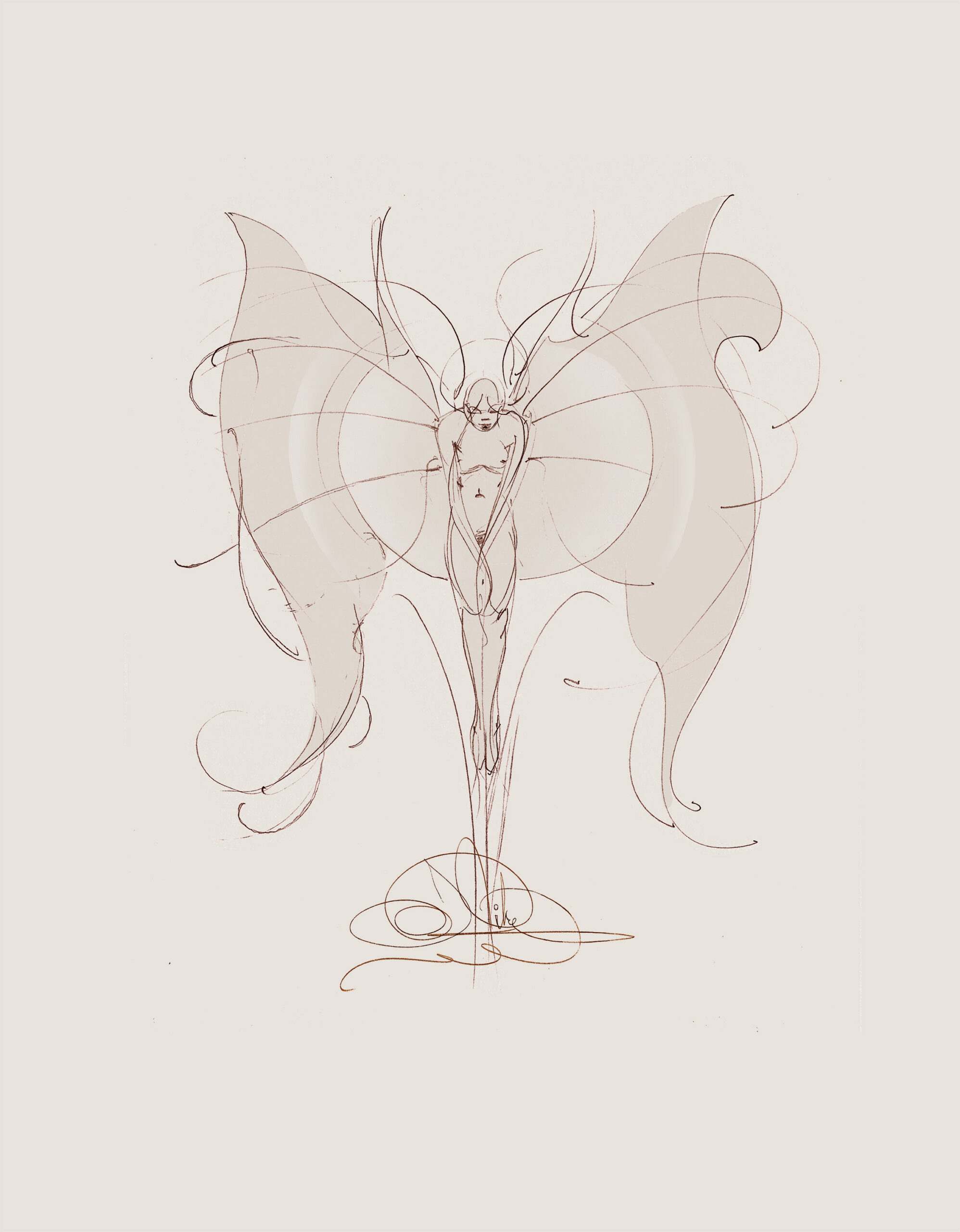 John Pitre Alight angelic figure sketch surreal fine art drawing of winged female figure with flowing lines and radiant wings, visionary artwork symbolizing illumination, awakening, and spiritual transformation