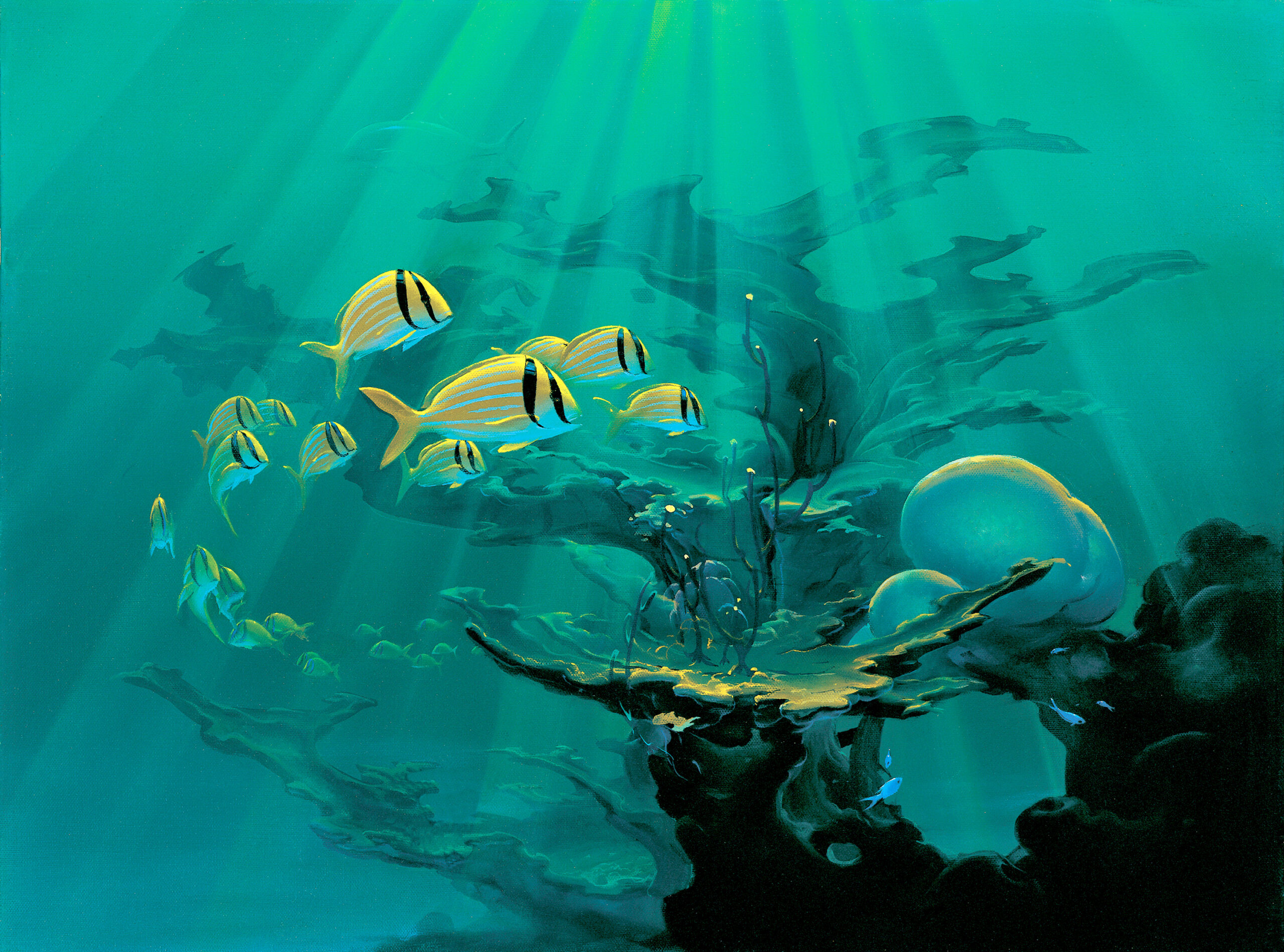 Atlantic Reef Fish by John Pitre featuring colorful tropical fish swimming through a vibrant coral reef with flowing water and luminous underwater light