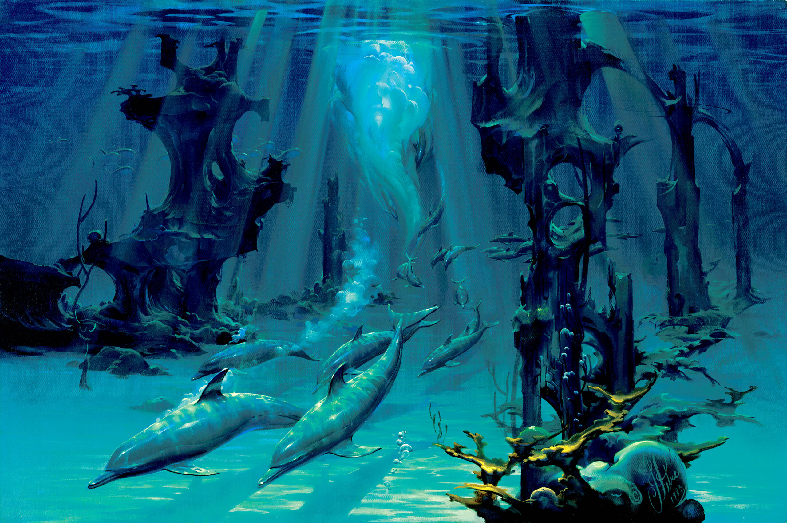 Atlantis Dolphins by John Pitre featuring dolphins swimming through a luminous ocean near a mythical underwater city with glowing architecture and surreal light