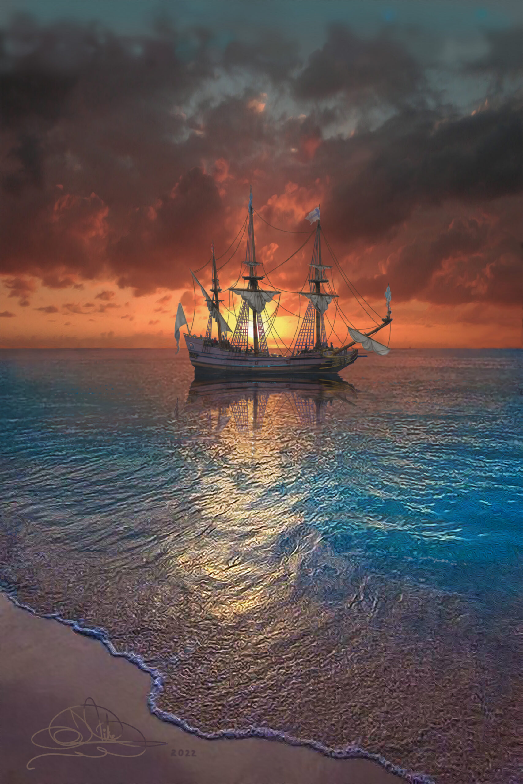 John Pitre Beach and Aqua Sea surreal seascape fine art painting featuring a historic sailing ship at sunset on reflective ocean waters with glowing sky and shoreline, symbolizing exploration, tranquility, and timeless maritime beauty
