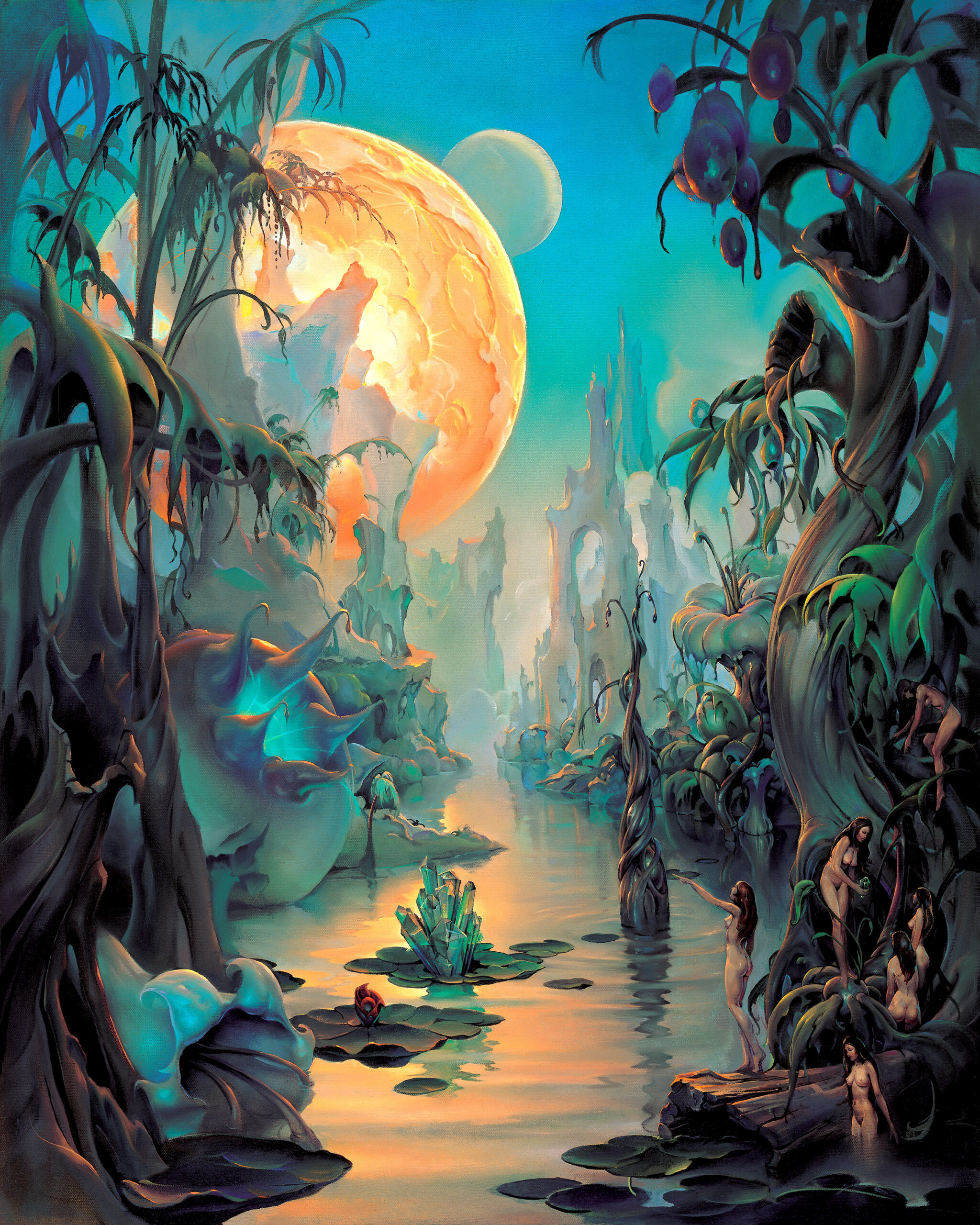 John Pitre Beyond surreal landscape artwork featuring a luminous alien world with towering organic structures, flowing waterway, distant ethereal cityscape, and glowing celestial moon, symbolizing imagination, transcendence, and otherworldly exploration in visionary fine art
