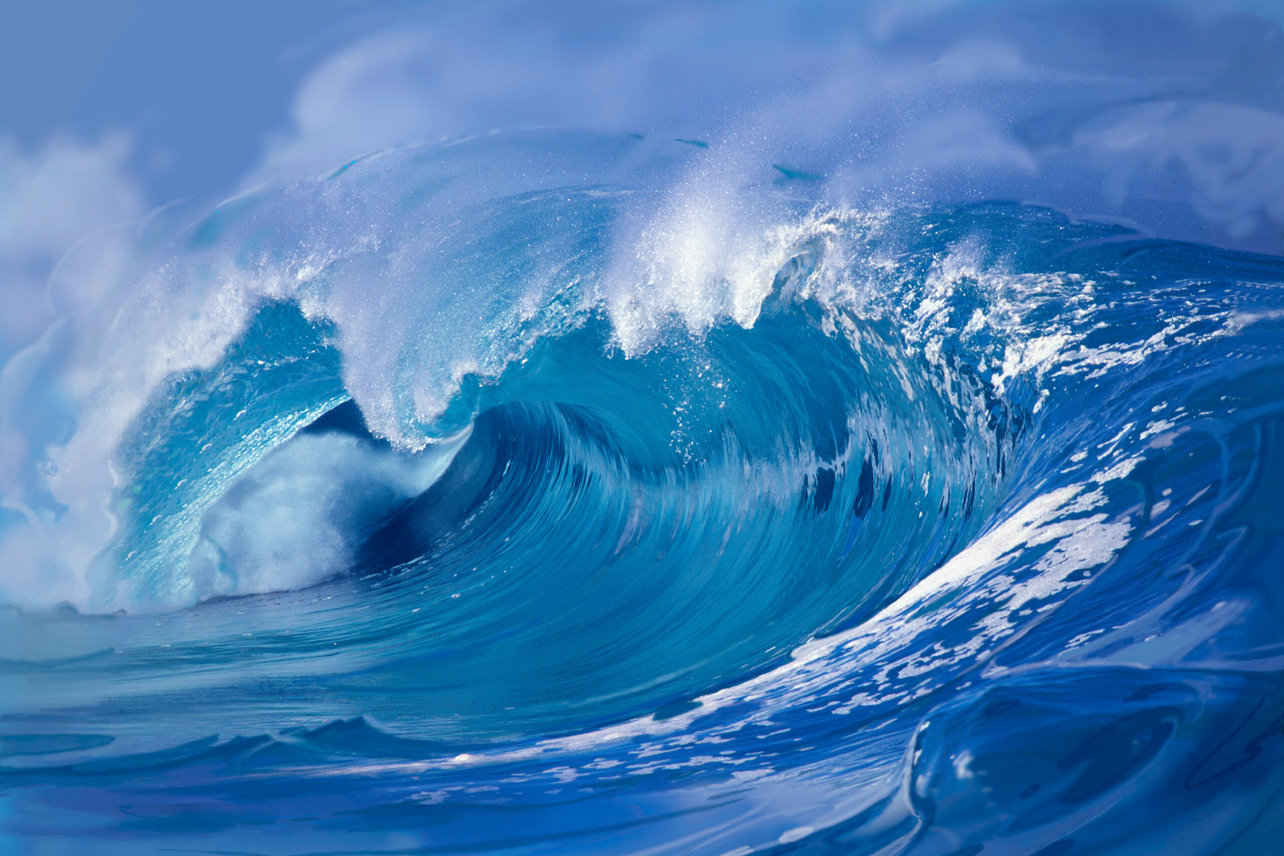 John Pitre Big Waimea Shore Break painting, towering North Shore Waimea Bay wave crashing with powerful turquoise barrel and explosive ocean spray in Hawaii surf artwork