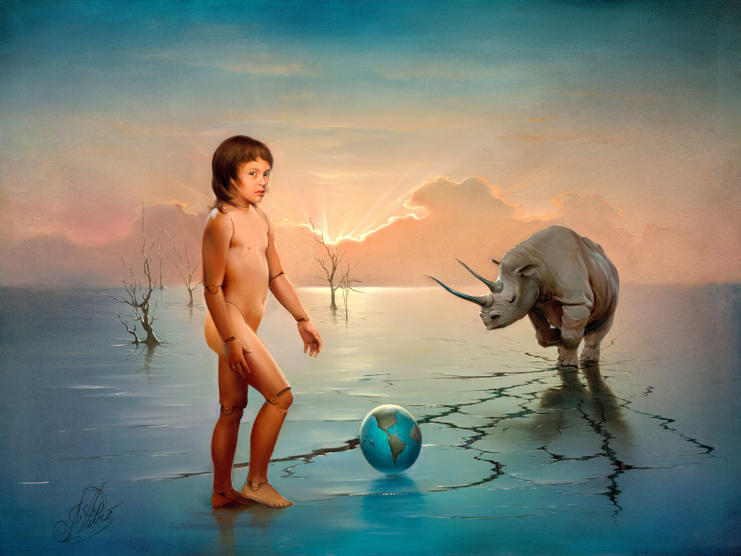 Boy with Rhino by John Pitre featuring a young boy standing beside a rhinoceros in a surreal landscape, symbolizing innocence, strength, and harmony with nature