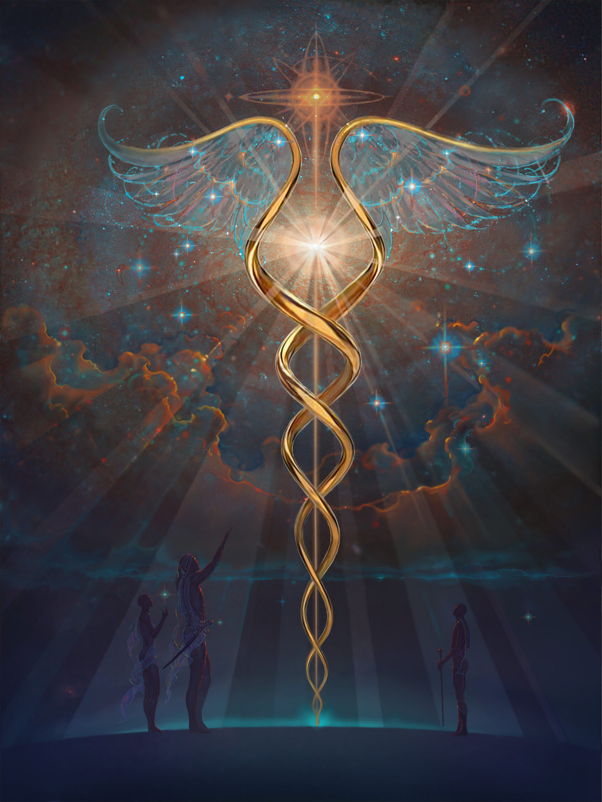 John Pitre Caduceus painting, sacred caduceus symbol with twin serpents and wings glowing in radiant cosmic light, representing healing, balance, and spiritual transformation
