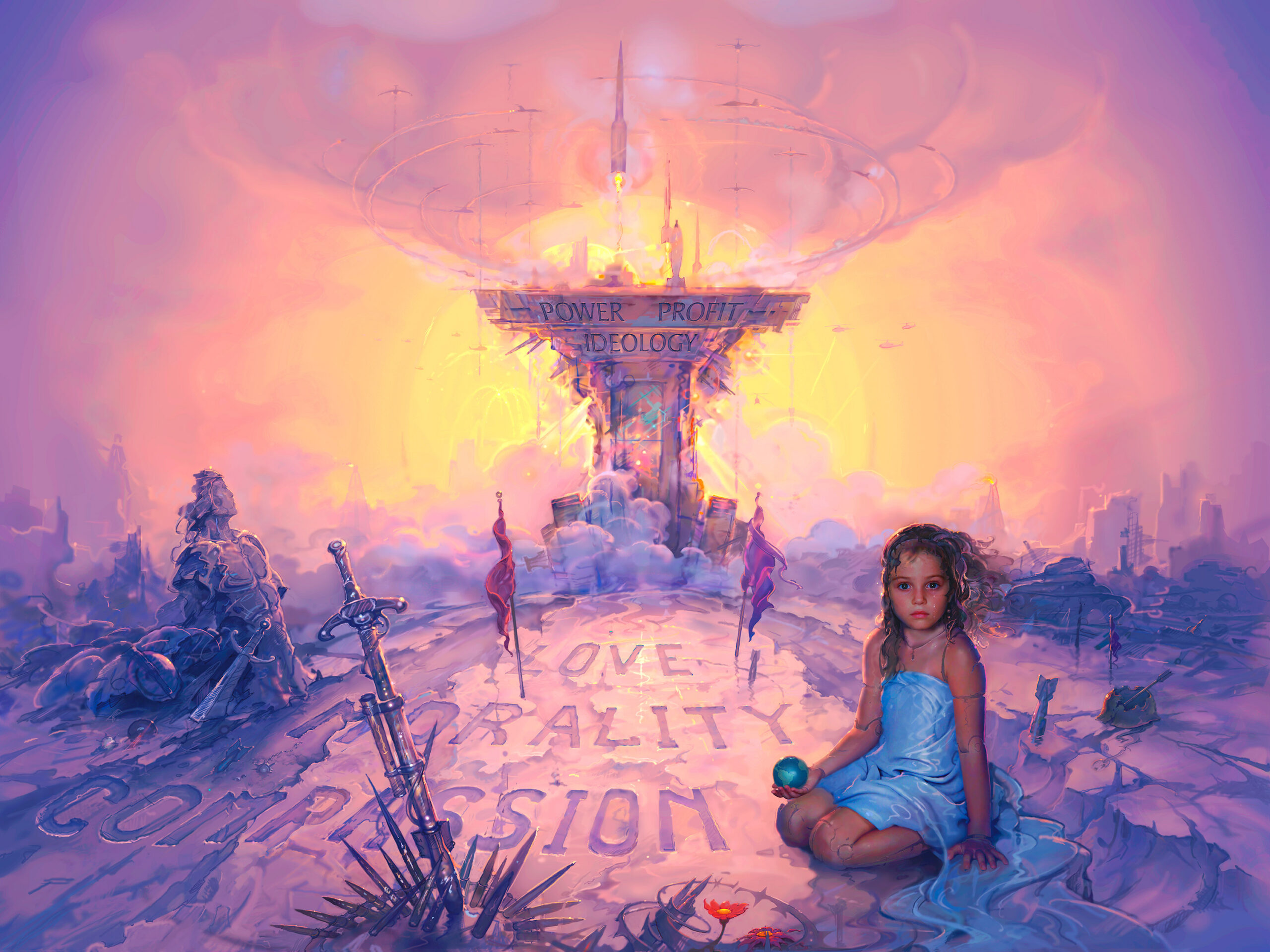 John Pitre Collateral Damage painting, surreal apocalyptic scene with glowing war monument, weapons, and child seated in foreground, symbolic commentary on power, conflict, and human cost in visionary artwork