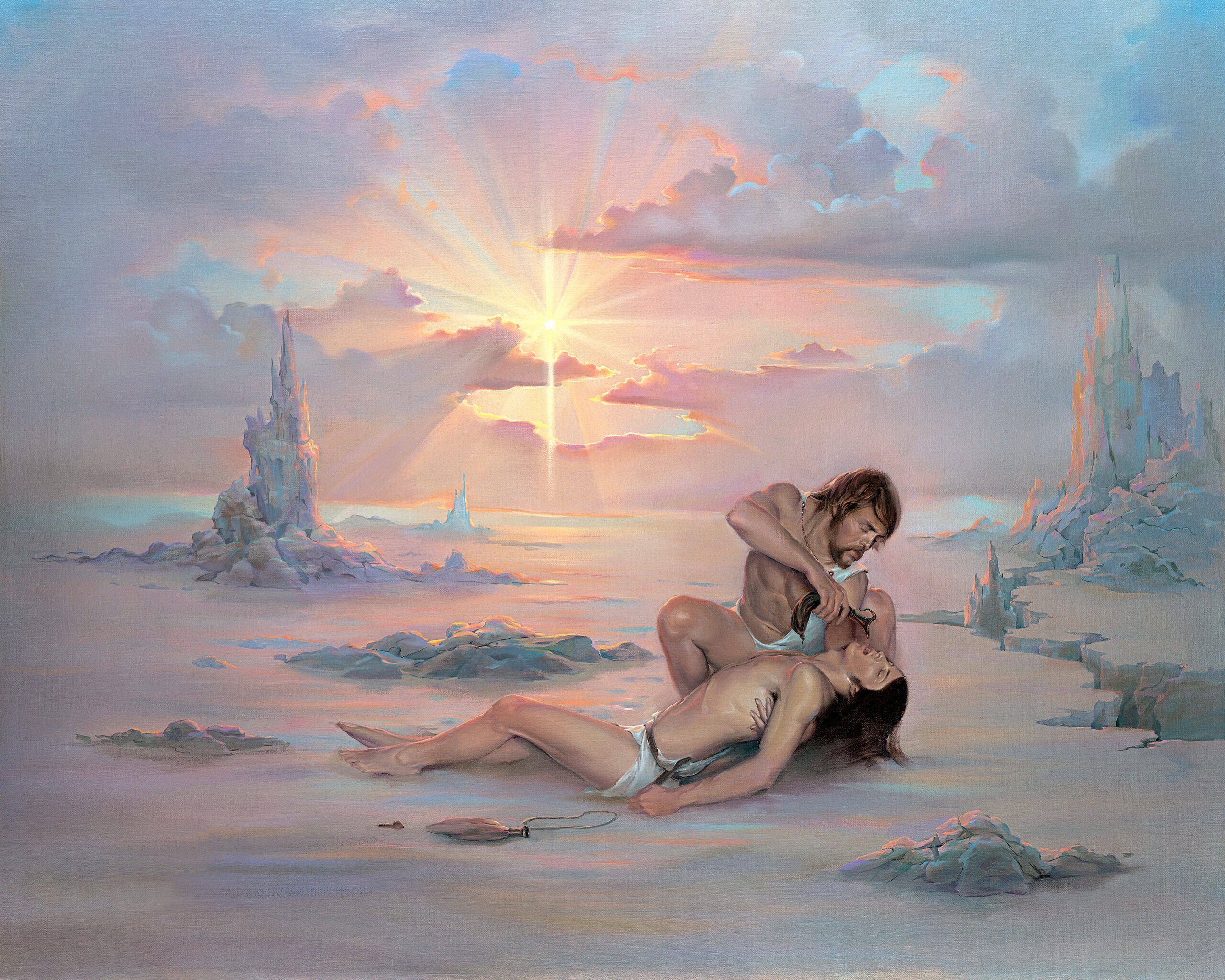 John Pitre Compassion painting, surreal scene of man reviving woman in luminous desert landscape with radiant sunrise, symbolizing empathy, healing, and human connection in visionary spiritual artwork