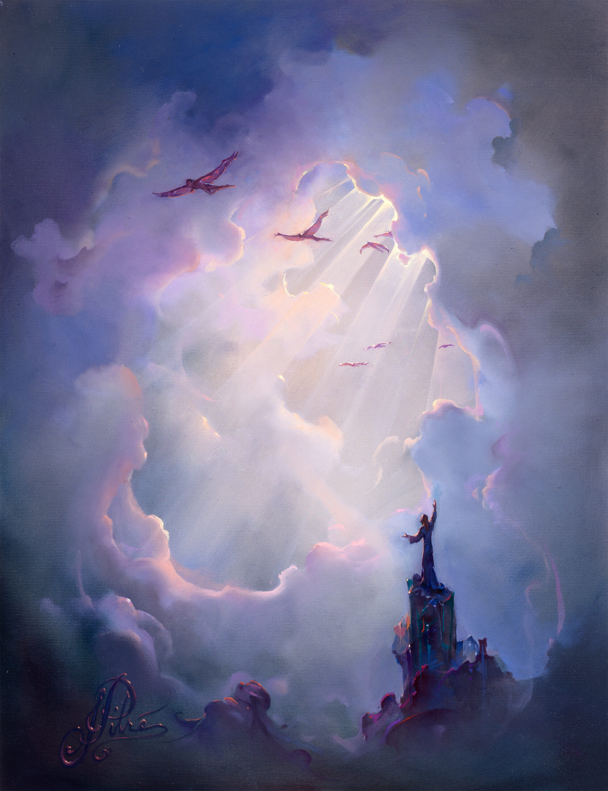 John Pitre Contemplating Angels painting, radiant celestial sky with angels soaring through clouds and beams of divine light above figure reaching upward, symbolic spiritual artwork of ascension, hope, and enlightenment