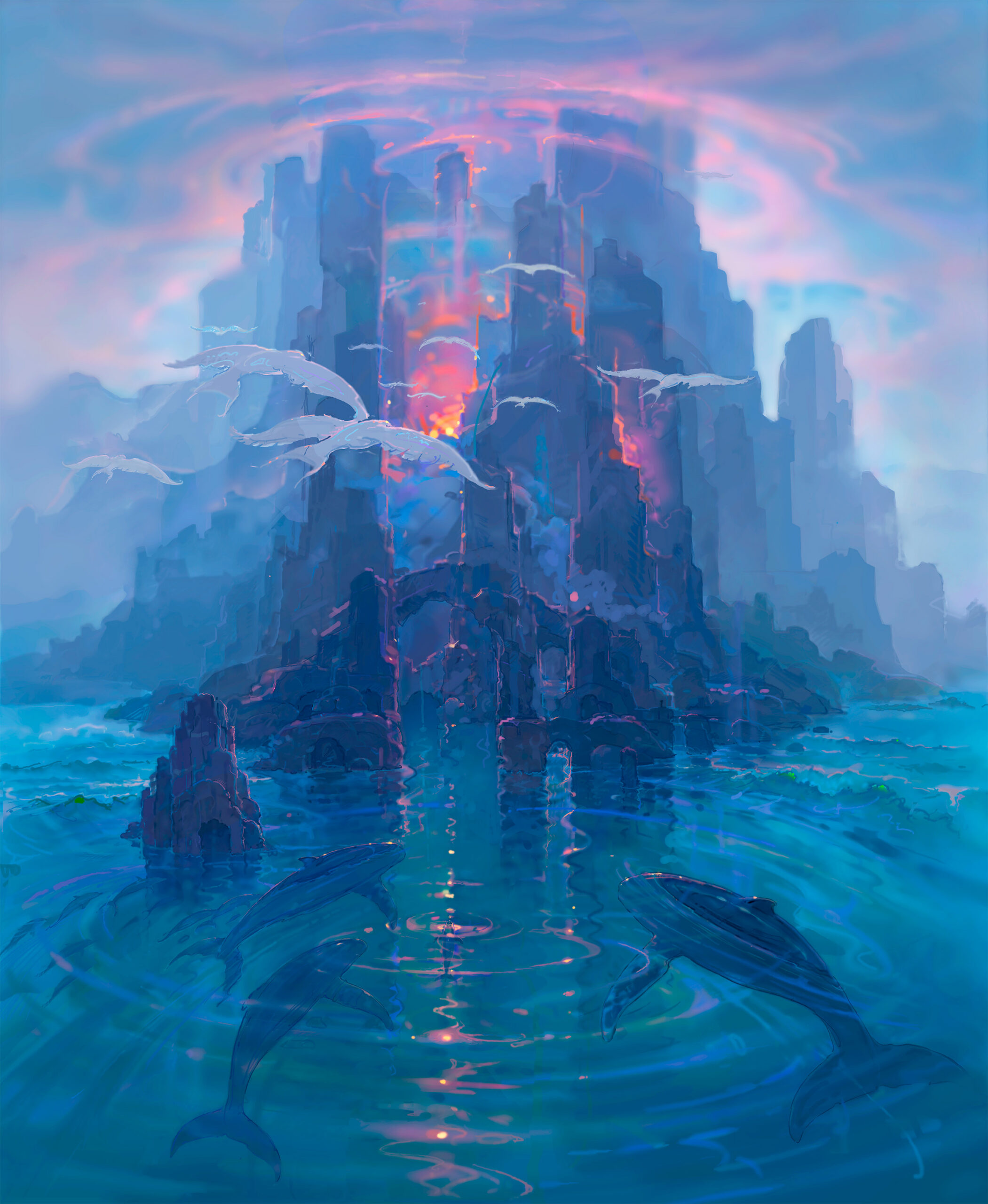 John Pitre Creation of Paradise artwork featuring tropical volcanic island, dolphins and marine life in radiant ocean, surreal seascape with celestial light