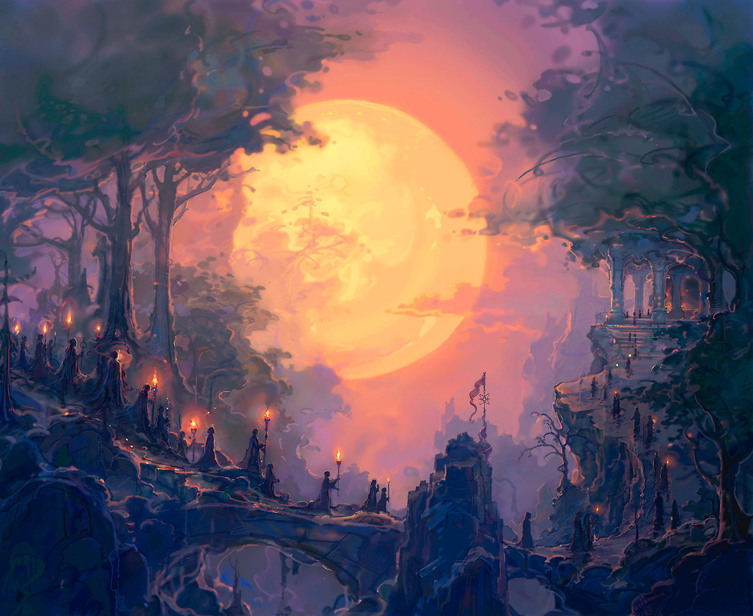 Monks carrying torches beneath cosmic sun and moon in Dawn of Enlightenment by John Pitre visionary surreal spiritual artwork