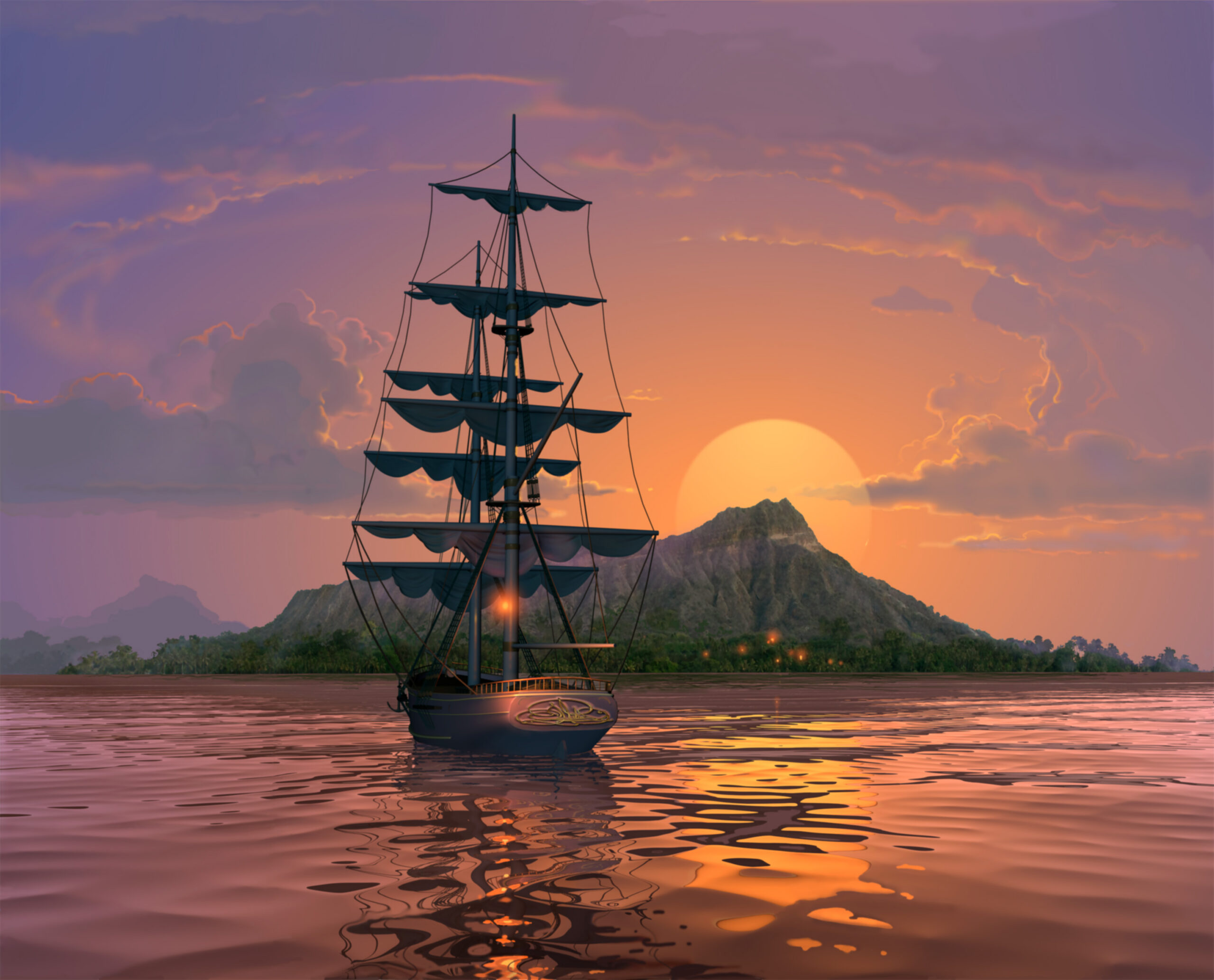 John Pitre Diamond Head Ship artwork featuring a tall sailing ship at sunset near Diamond Head, Hawaii, with a golden sky, reflective ocean, and island landscape