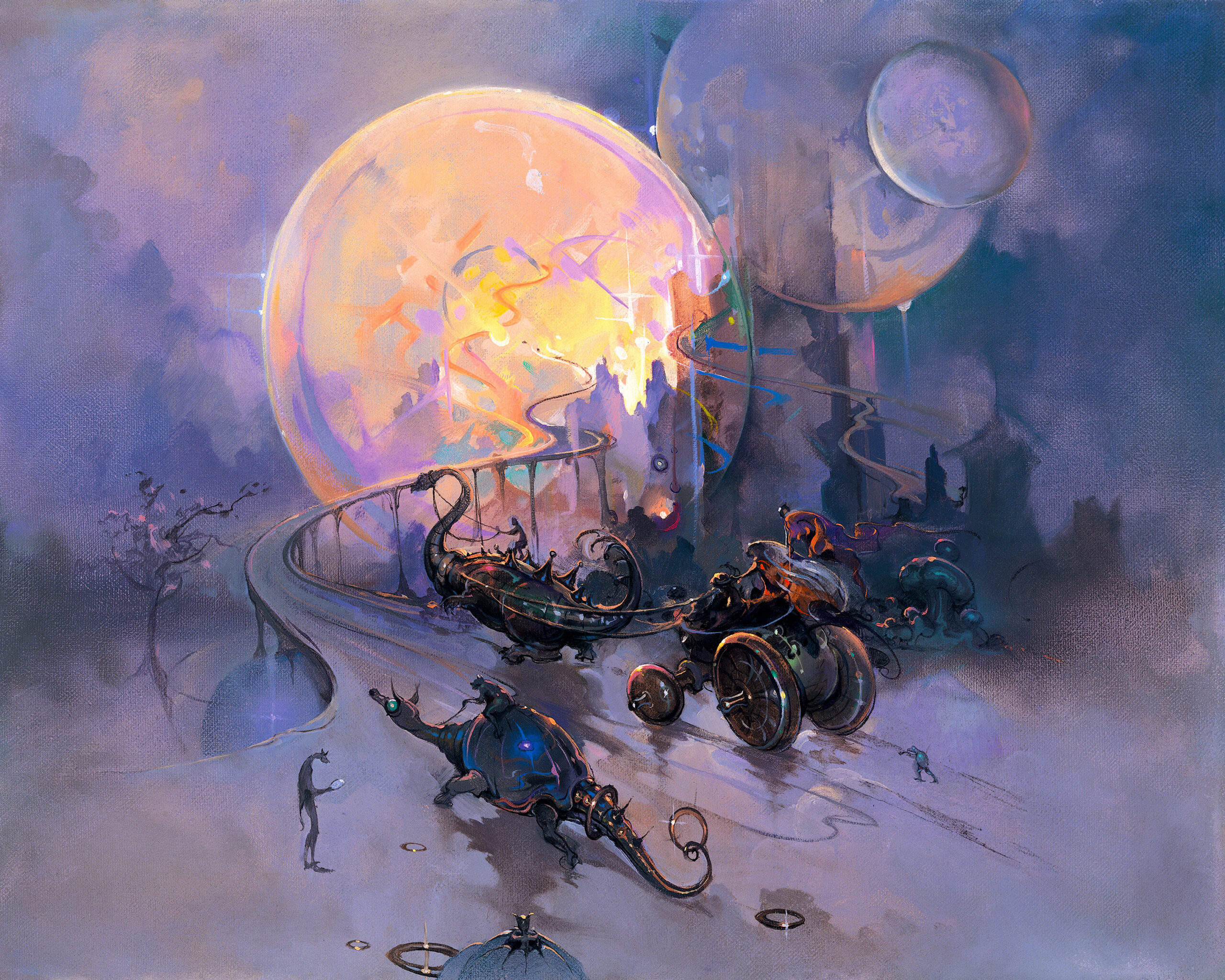 Dinosaur Race by John Pitre featuring powerful dinosaurs racing through a surreal prehistoric landscape with dynamic motion and imaginative detail