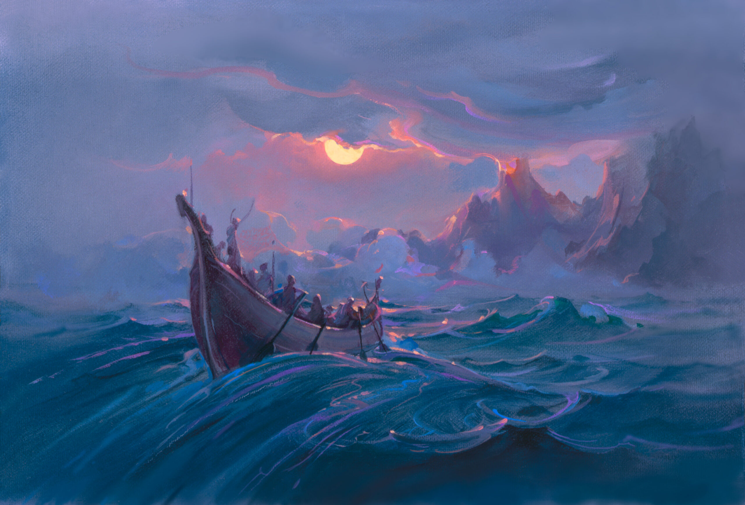 John Pitre Discovering Paradise artwork featuring explorers navigating ocean waves toward distant tropical islands, dramatic seascape with sailing vessel, glowing sunset sky, and adventurous maritime scene