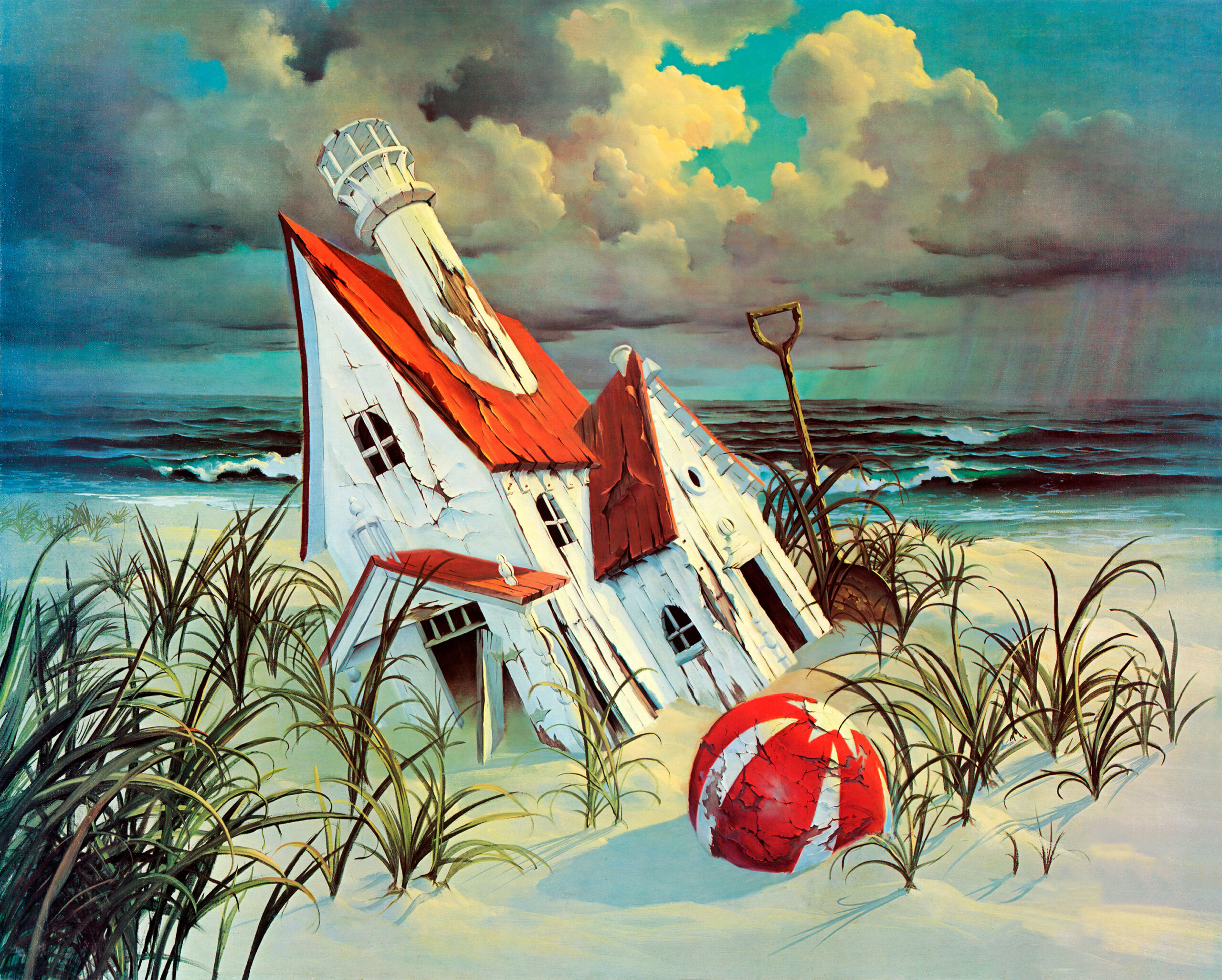 John Pitre Doll House artwork featuring surreal beach scene with tilted house sinking in sand, coastal ocean backdrop, dramatic clouds, and symbolic storytelling on human experience and perspective
