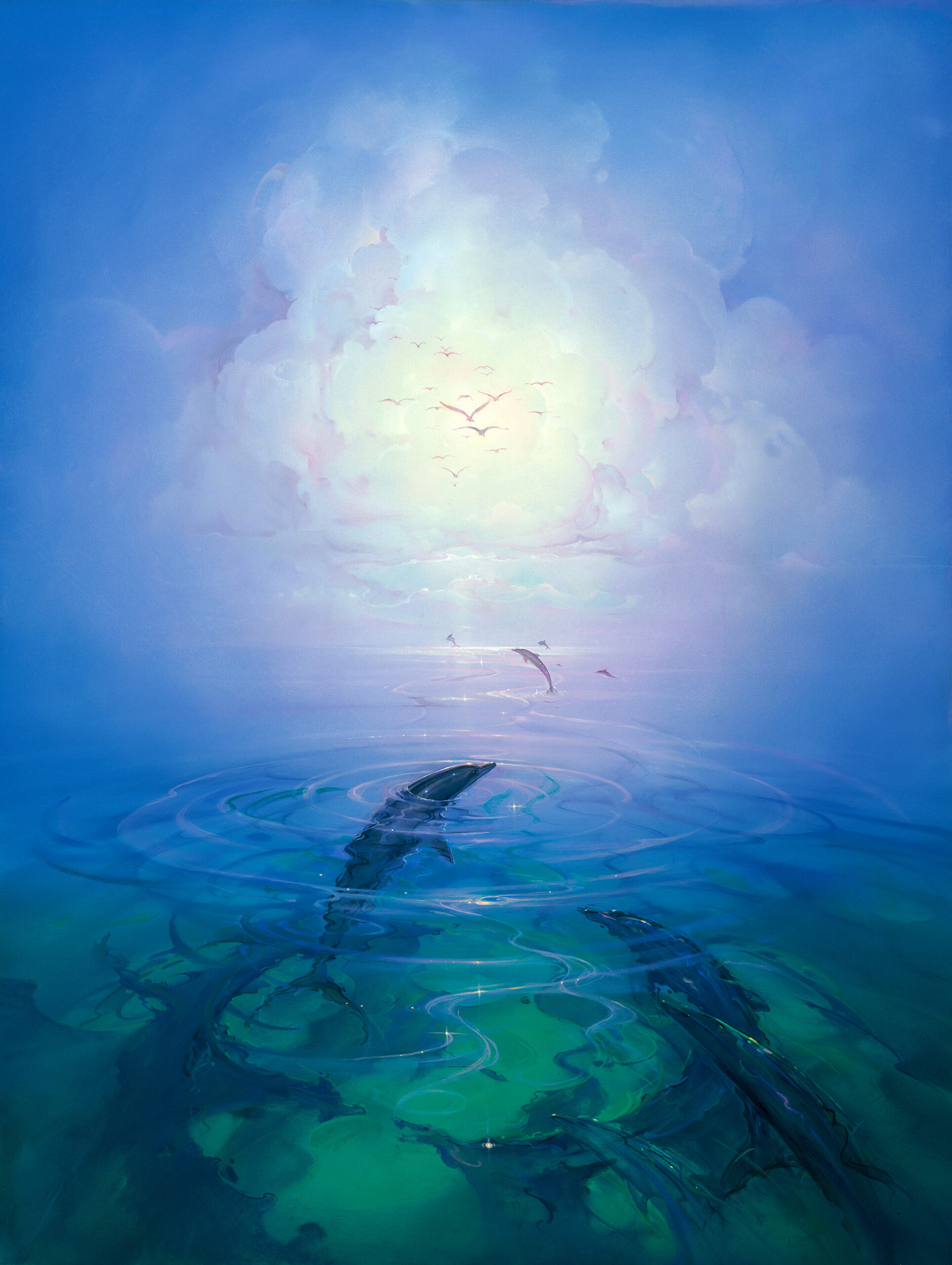 John Pitre Dolphin Serenity artwork featuring dolphins gliding through clear ocean water, serene marine life scene with soft light, birds above, and tranquil seascape atmosphere