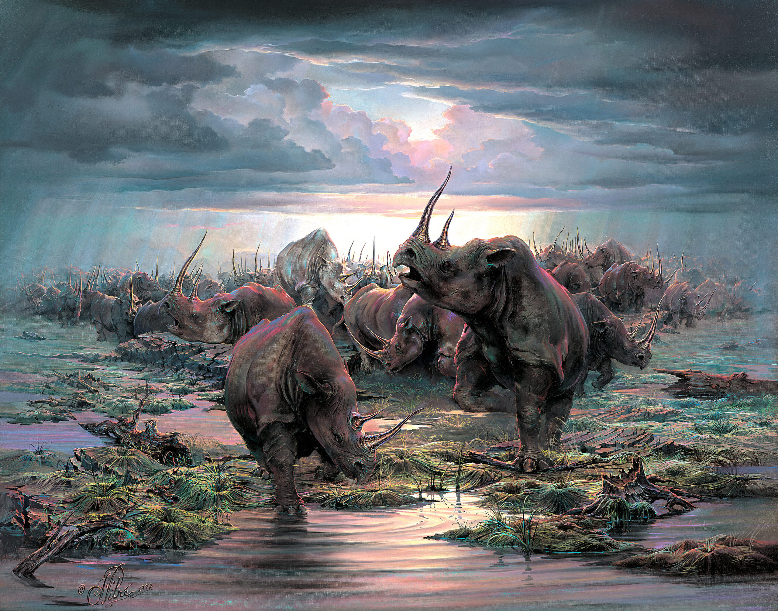 John Pitre Domination of Power artwork featuring herd of rhinoceroses in dramatic landscape, powerful wildlife scene with stormy sky, reflective water, and symbolic expression of strength and dominance