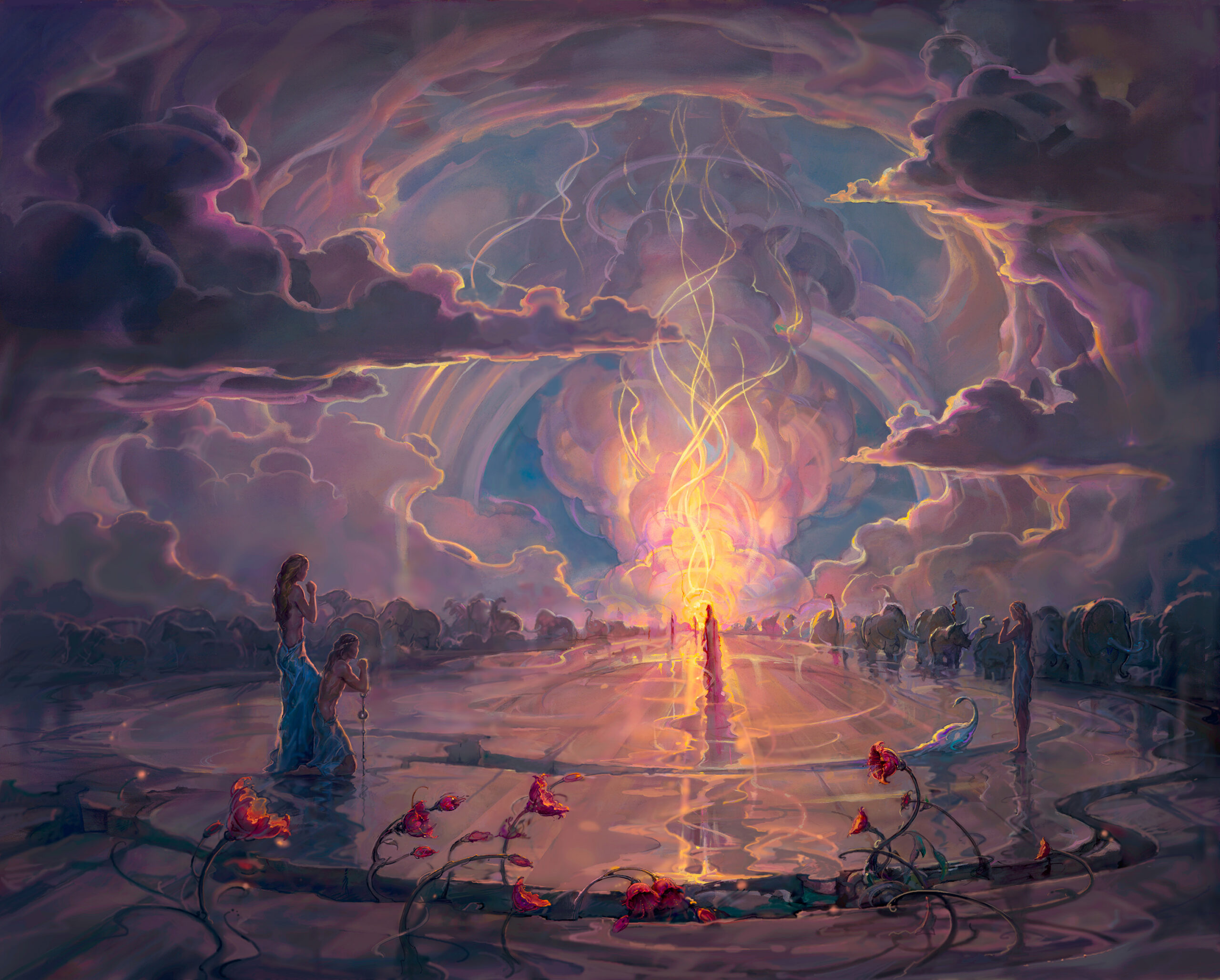 John Pitre Double Helix artwork featuring glowing DNA-like energy rising through a surreal landscape, with human figures and cosmic light symbolizing life, evolution, and the connection between science and spirituality