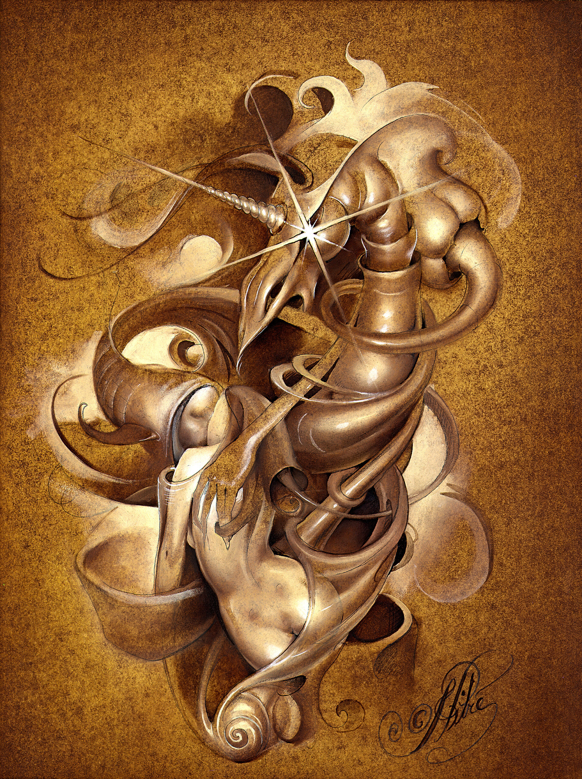 John Pitre Dragon and the Kiss artwork featuring an abstract dragon and human figure in a golden surreal composition with flowing forms, radiant light, and intimate connection