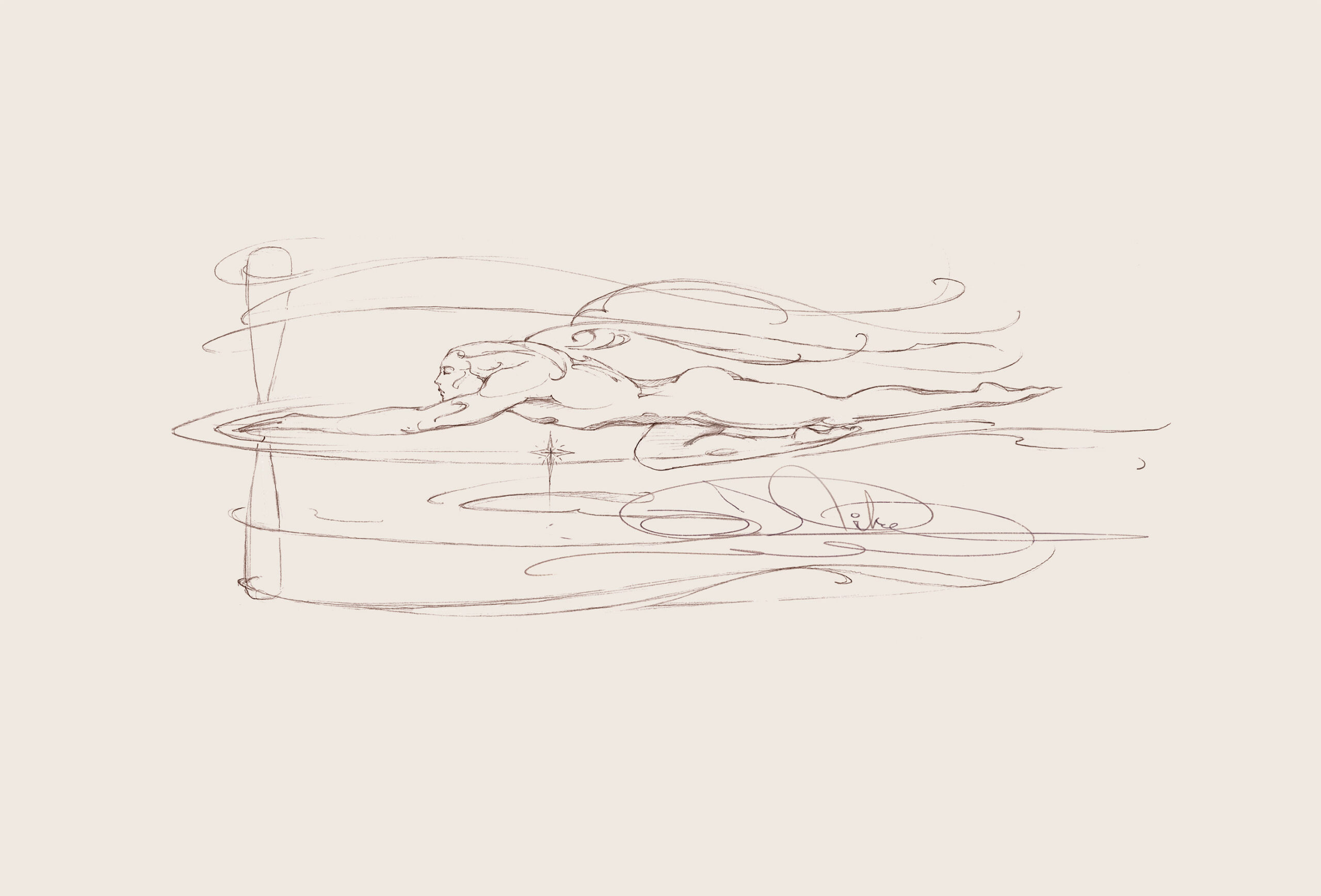 John Pitre Dynamics of Flight artwork featuring hand-drawn flying figure in motion, minimalist sepia sketch of human flight and early aviation concept, symbolic exploration and imagination in vintage drawing style