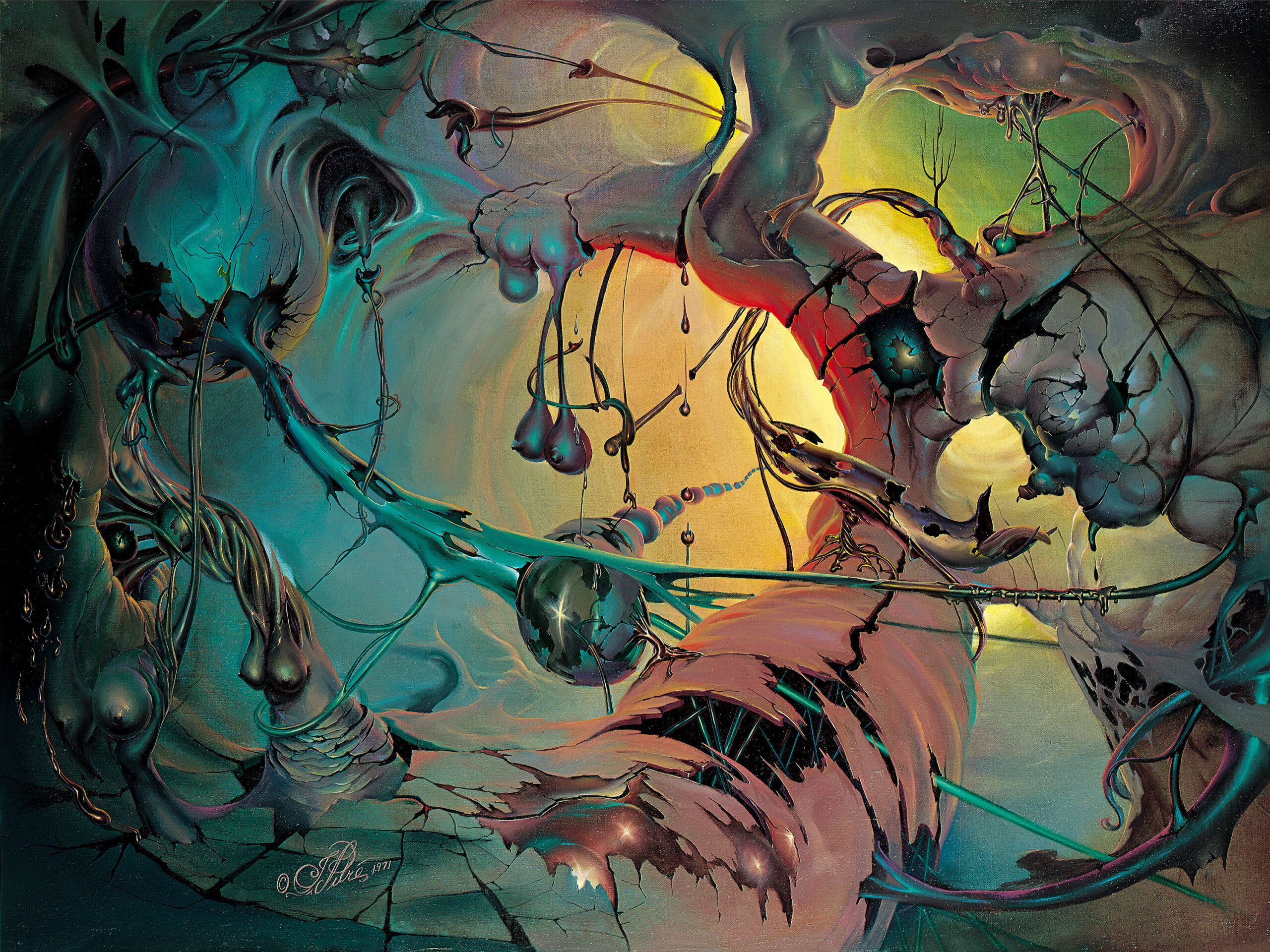 John Pitre Erotica painting featuring surreal organic forms and intertwined abstract shapes, symbolic artwork representing sensuality, human connection, emotional energy, and transformation in visionary style