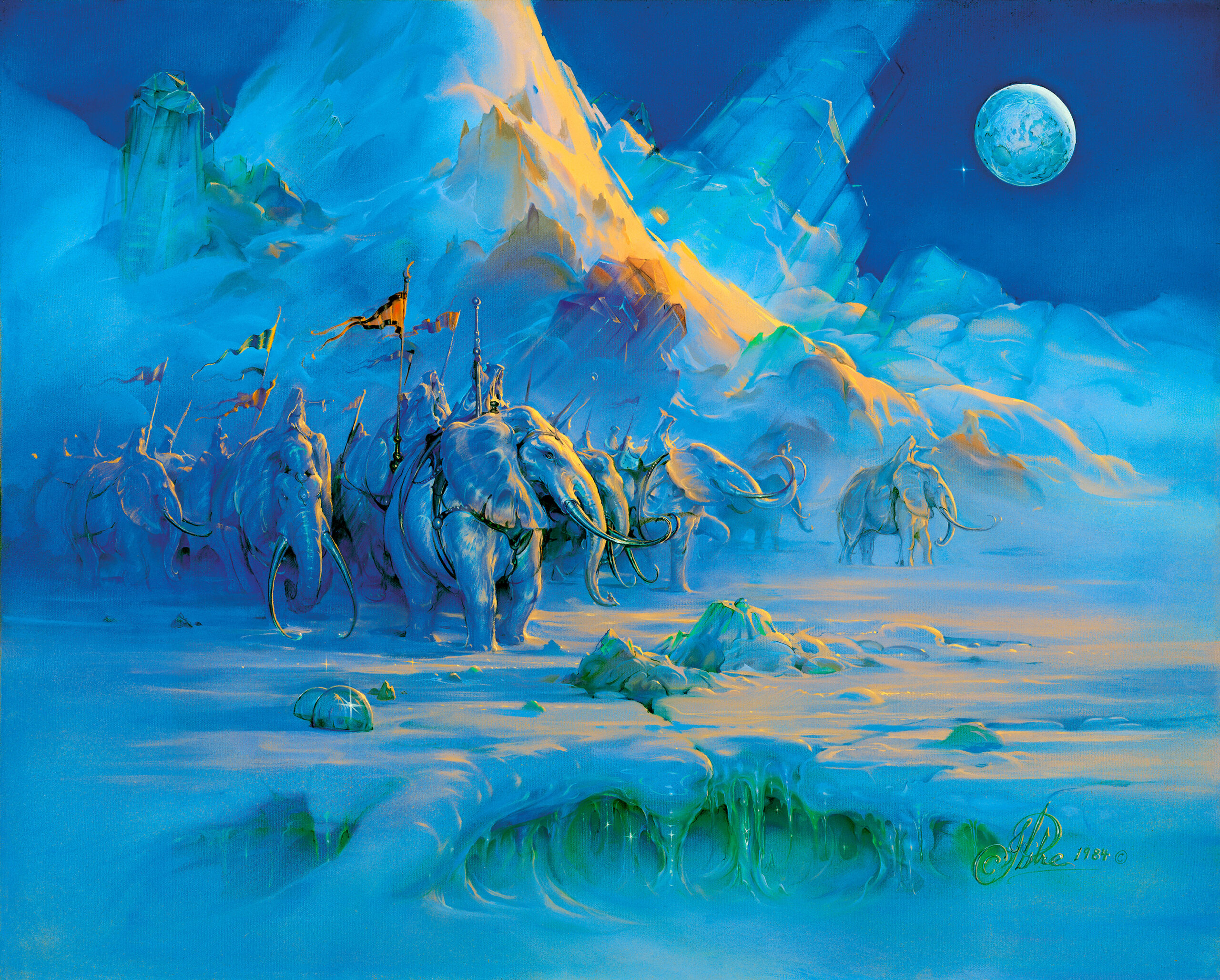 John Pitre Explorers painting of mammoth caravan crossing frozen alpine landscape beneath glowing mountain peak and moonlit sky, surreal expedition artwork with icy terrain and vivid blue tones