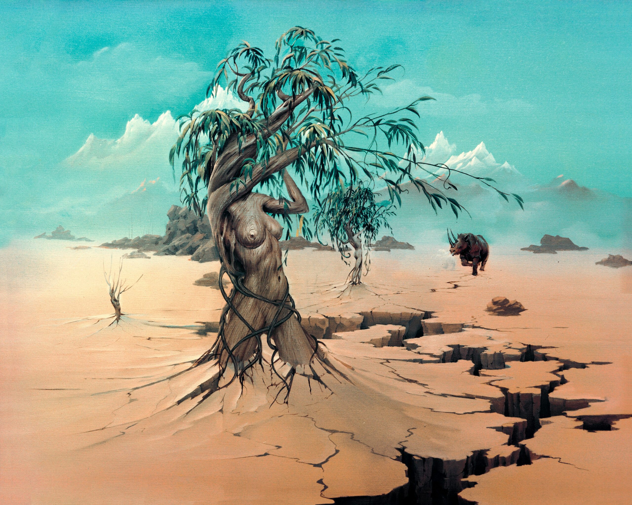 John Pitre Fate painting featuring tree-woman figure rooted in cracked desert landscape with distant animal, surreal symbolic artwork representing destiny, resilience, transformation, and the unpredictability of life