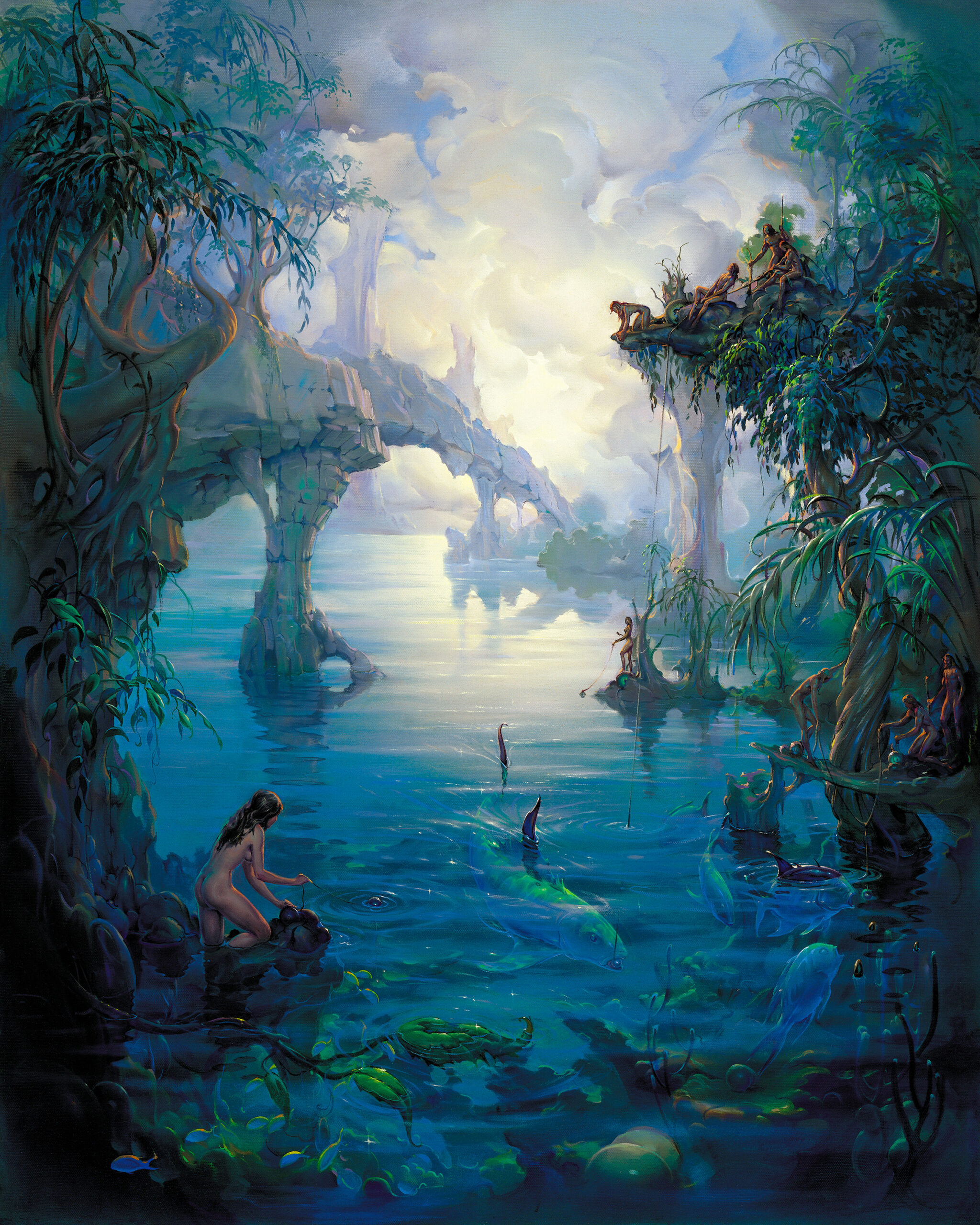 John Pitre Fishing painting surreal river scene with figures fishing in luminous blue waters, symbolic artwork representing ambition, opportunity, perseverance and human goals
