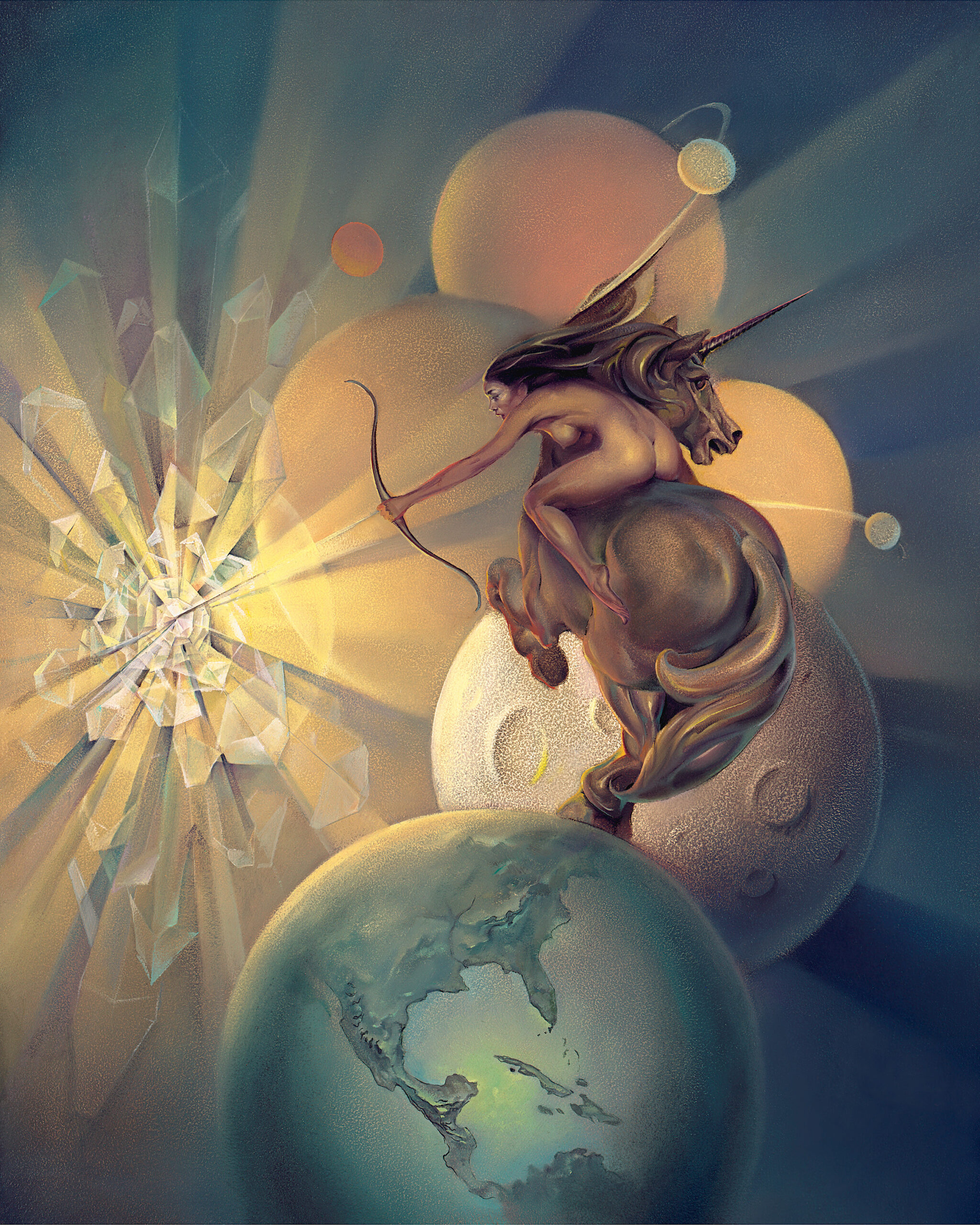 John Pitre Focus on Light painting featuring nude archer riding unicorn through cosmic planetary scene aiming at radiant crystal light, visionary surreal artwork symbolizing focus, determination, and spiritual awakening