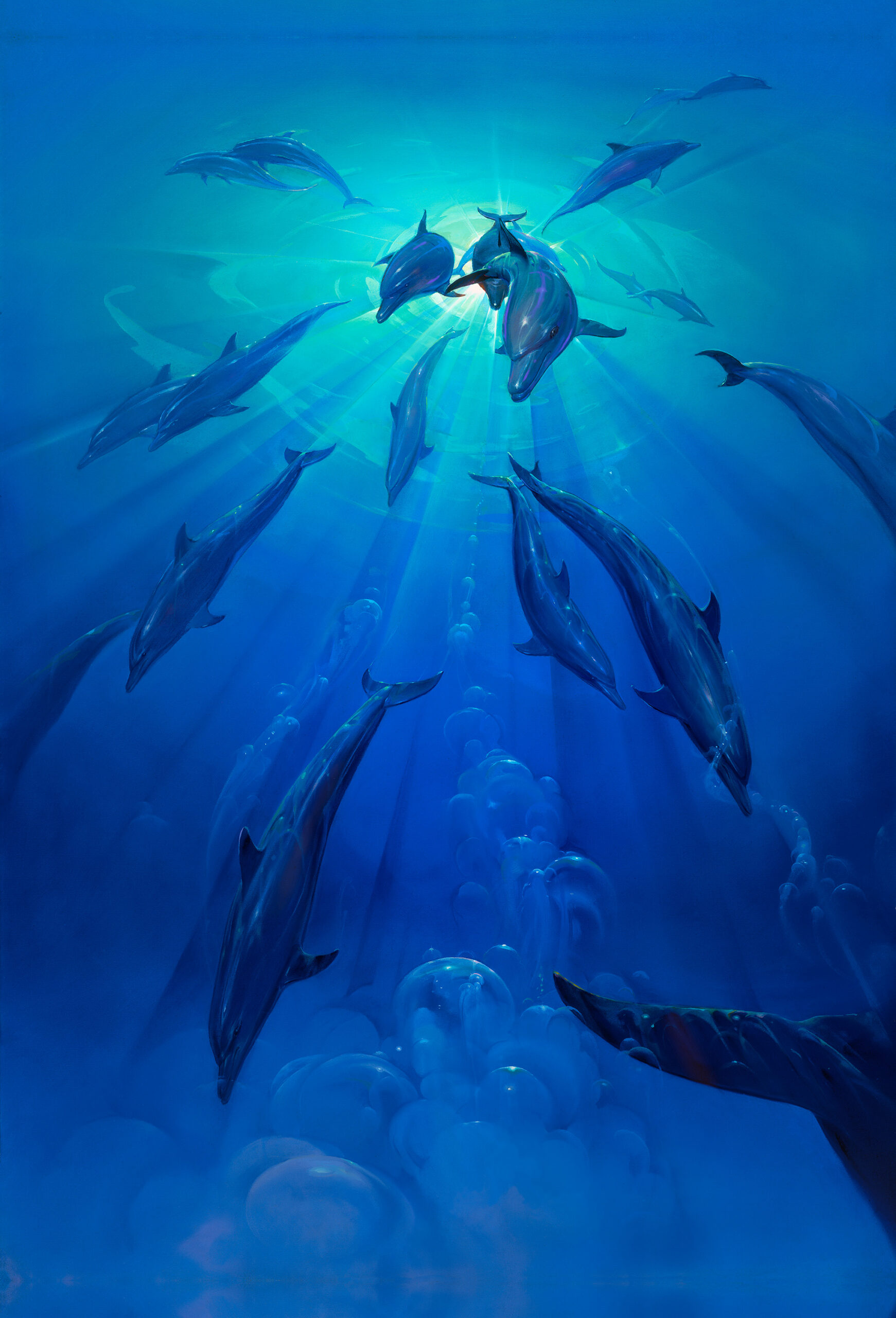 John Pitre Freedom painting featuring dolphins ascending through deep blue ocean toward radiant beams of light, visionary surreal artwork symbolizing transformation, freedom, and spiritual elevation