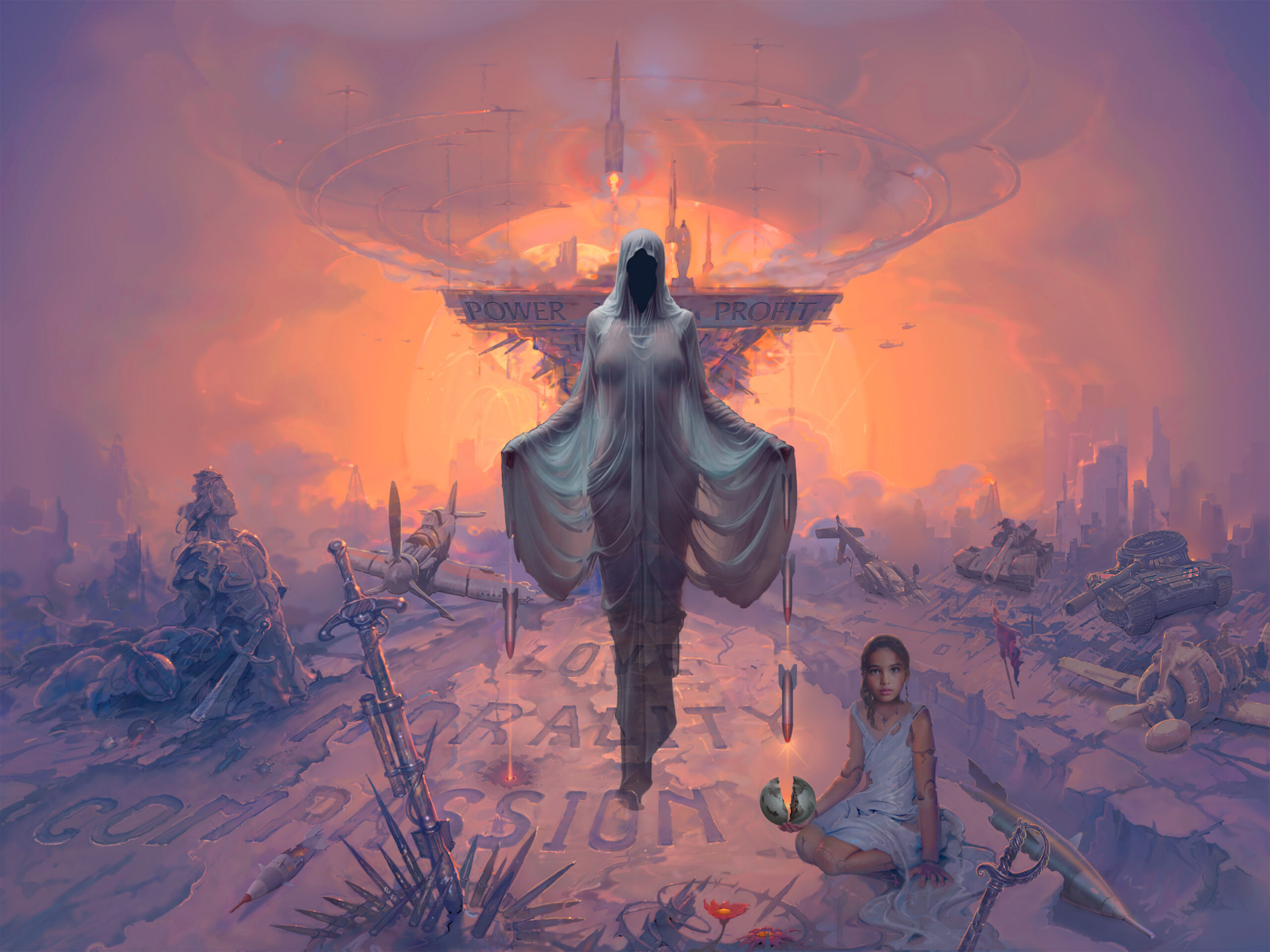 John Pitre Ghost of War painting featuring spectral hooded figure in apocalyptic battlefield with scattered weapons and child figure, visionary surreal artwork symbolizing war, loss, and the cyclical nature of human conflict