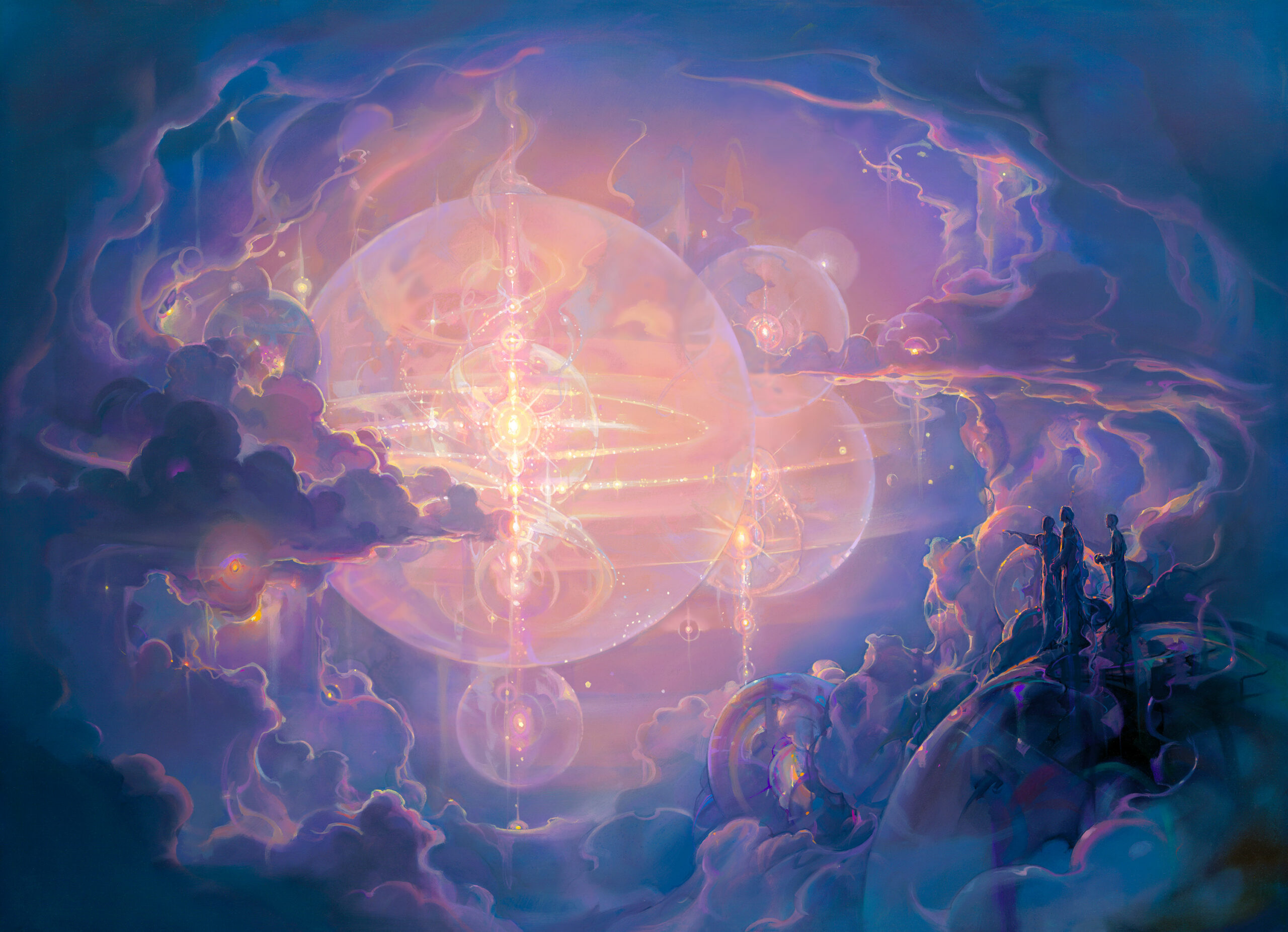John Pitre Heaven painting radiant celestial realm with glowing energy sphere and cosmic light structures above clouds, visionary spiritual artwork representing eternity, divine presence and higher consciousness