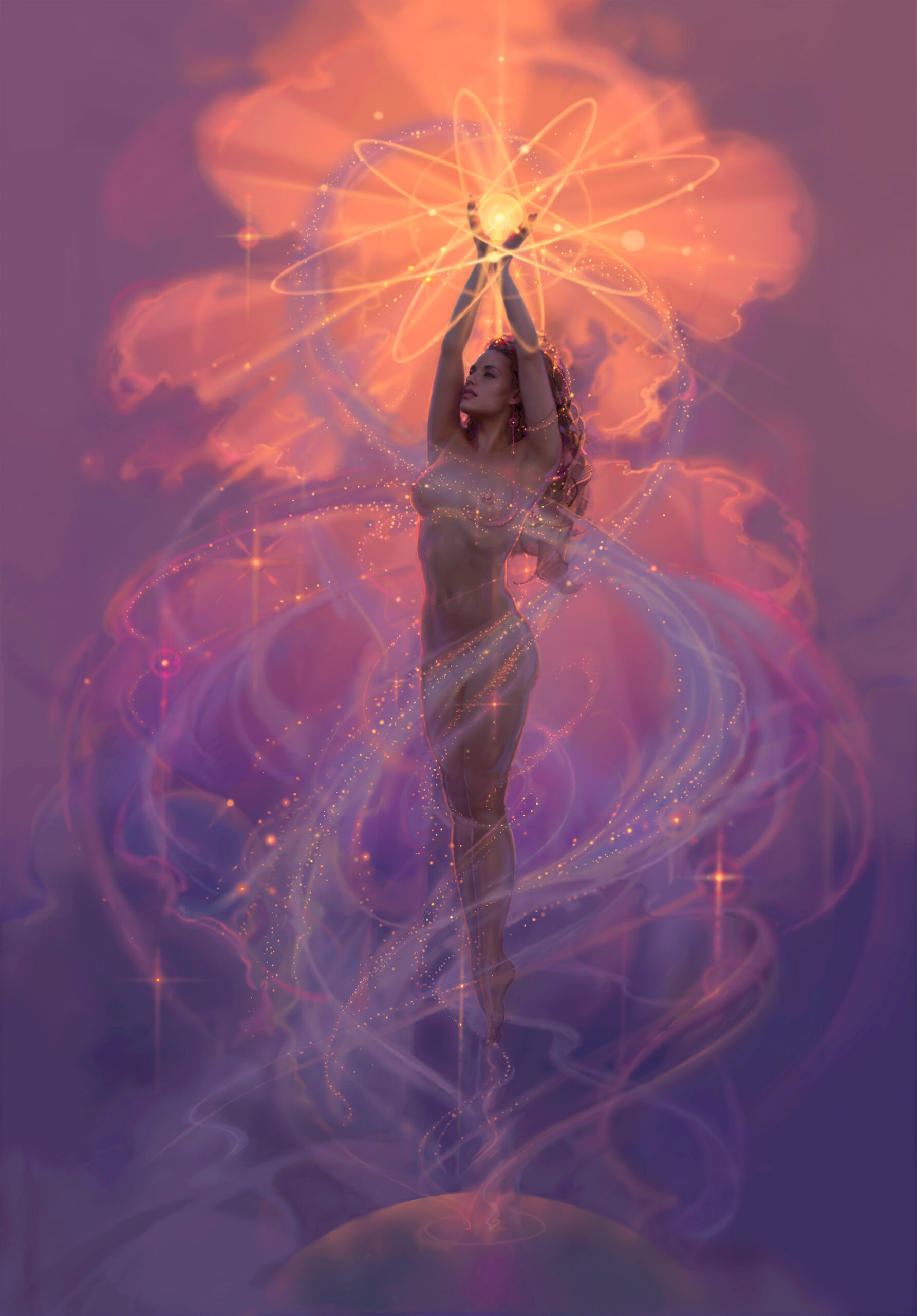 John Pitre Humanity painting ethereal female figure rising with swirling cosmic light and energy, surreal visionary artwork representing unity, human connection, consciousness and spiritual transcendence