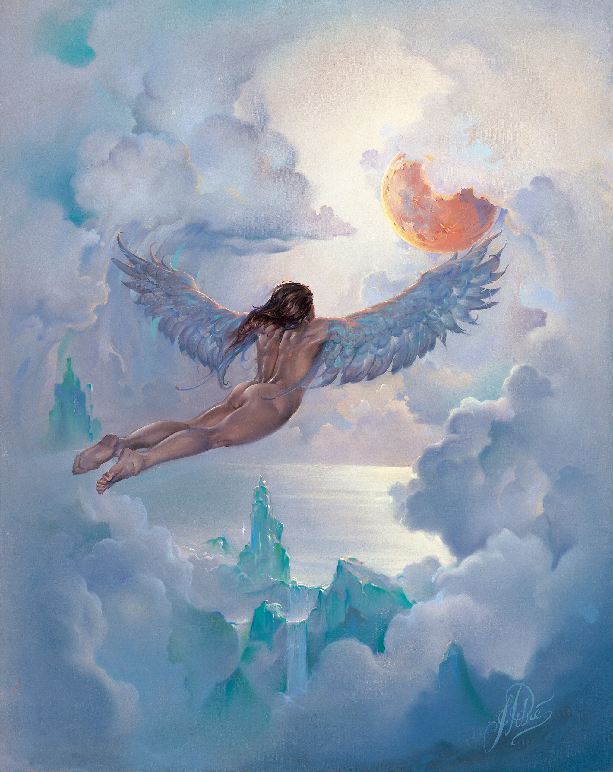 John Pitre Icarus painting winged figure soaring through luminous clouds toward glowing celestial orb, surreal mythological artwork exploring ambition, transcendence, consequence and human aspiration