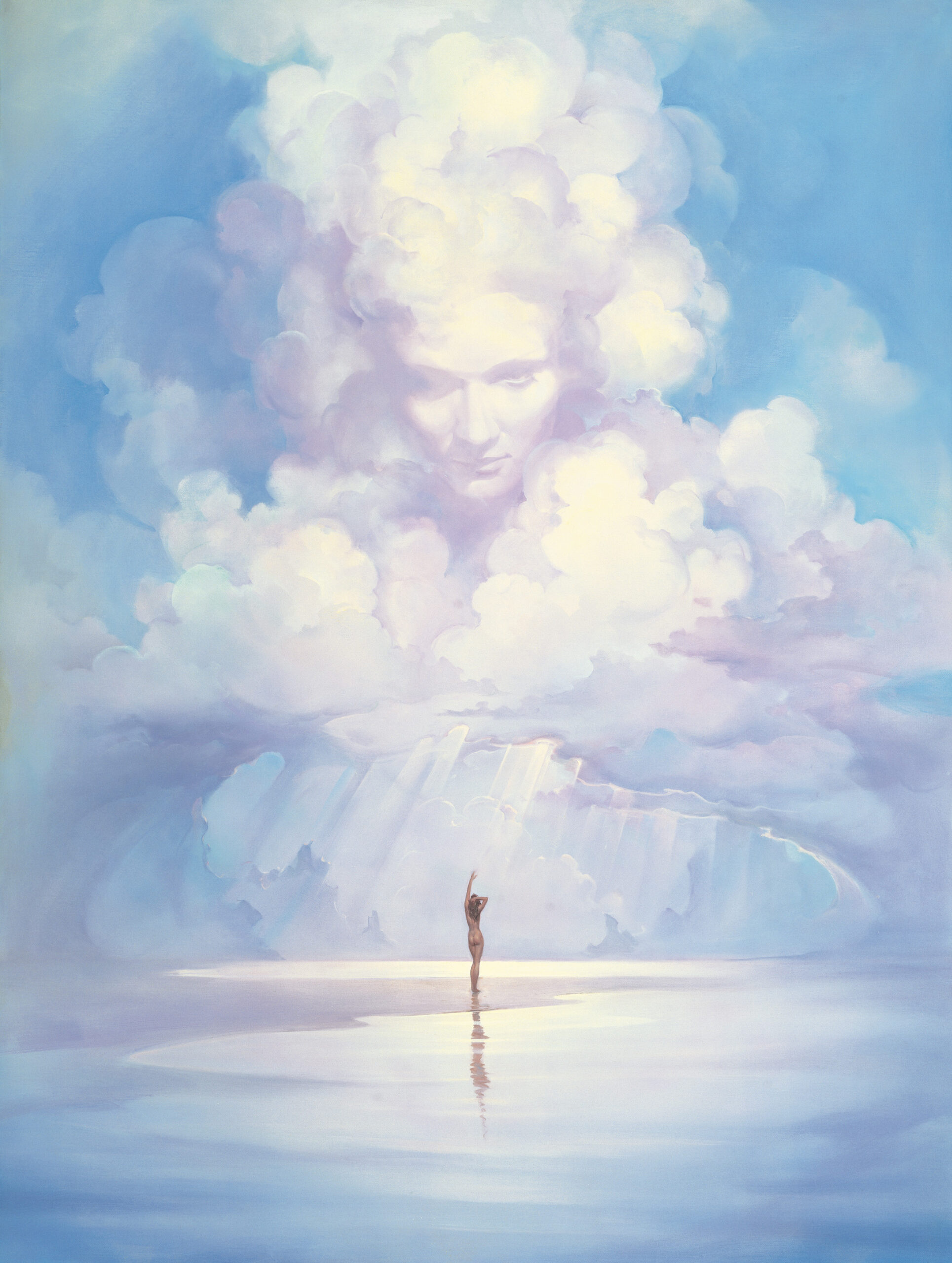 John Pitre Identity painting featuring abstract human face emerging from luminous clouds above solitary figure in reflective water, surreal visionary artwork symbolizing consciousness and self discovery