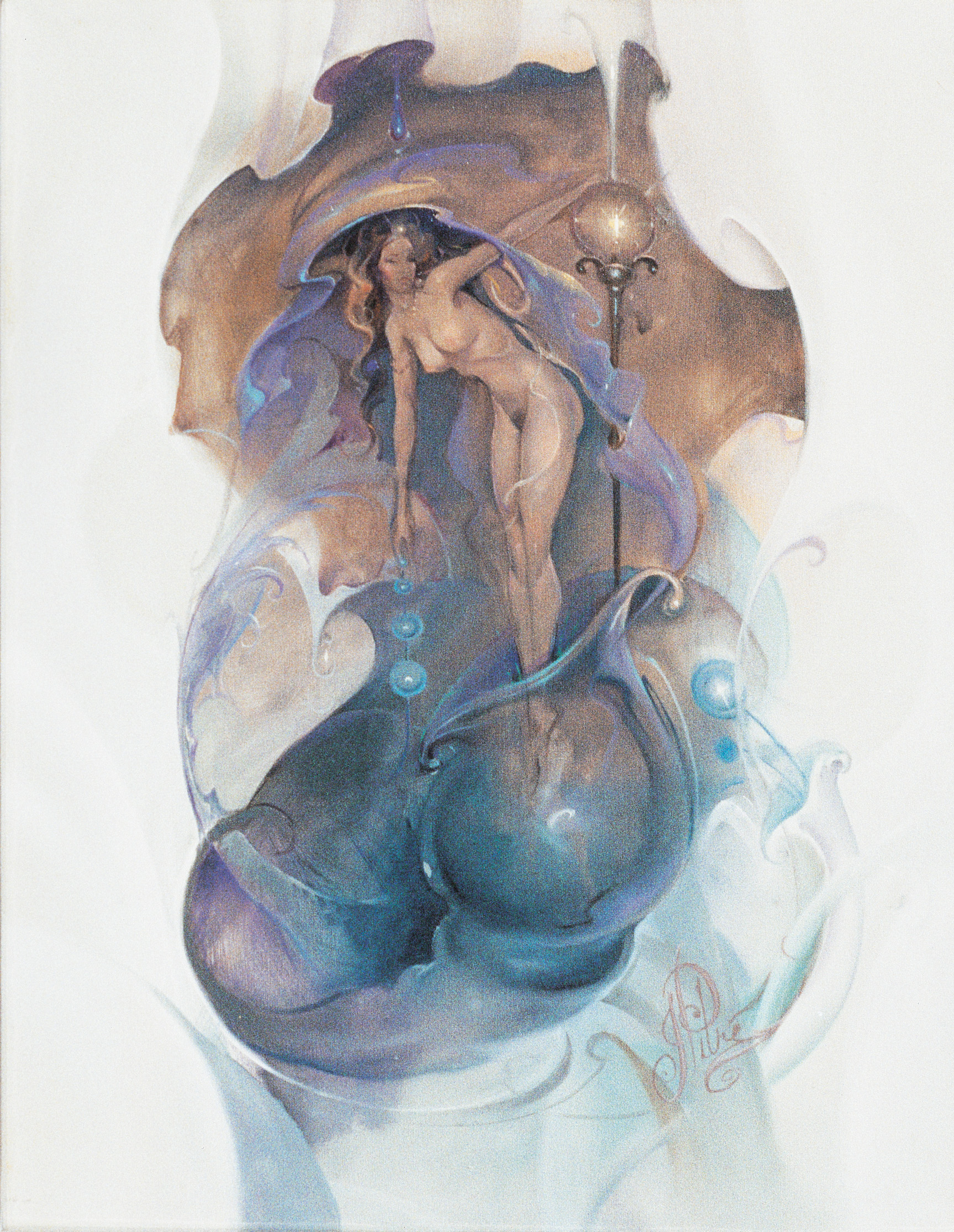 John Pitre Imagine surreal artwork featuring nude female figure emerging from cosmic vessel with flowing blue energy, symbolic light staff, and dreamlike atmosphere representing creativity, consciousness, and limitless imagination